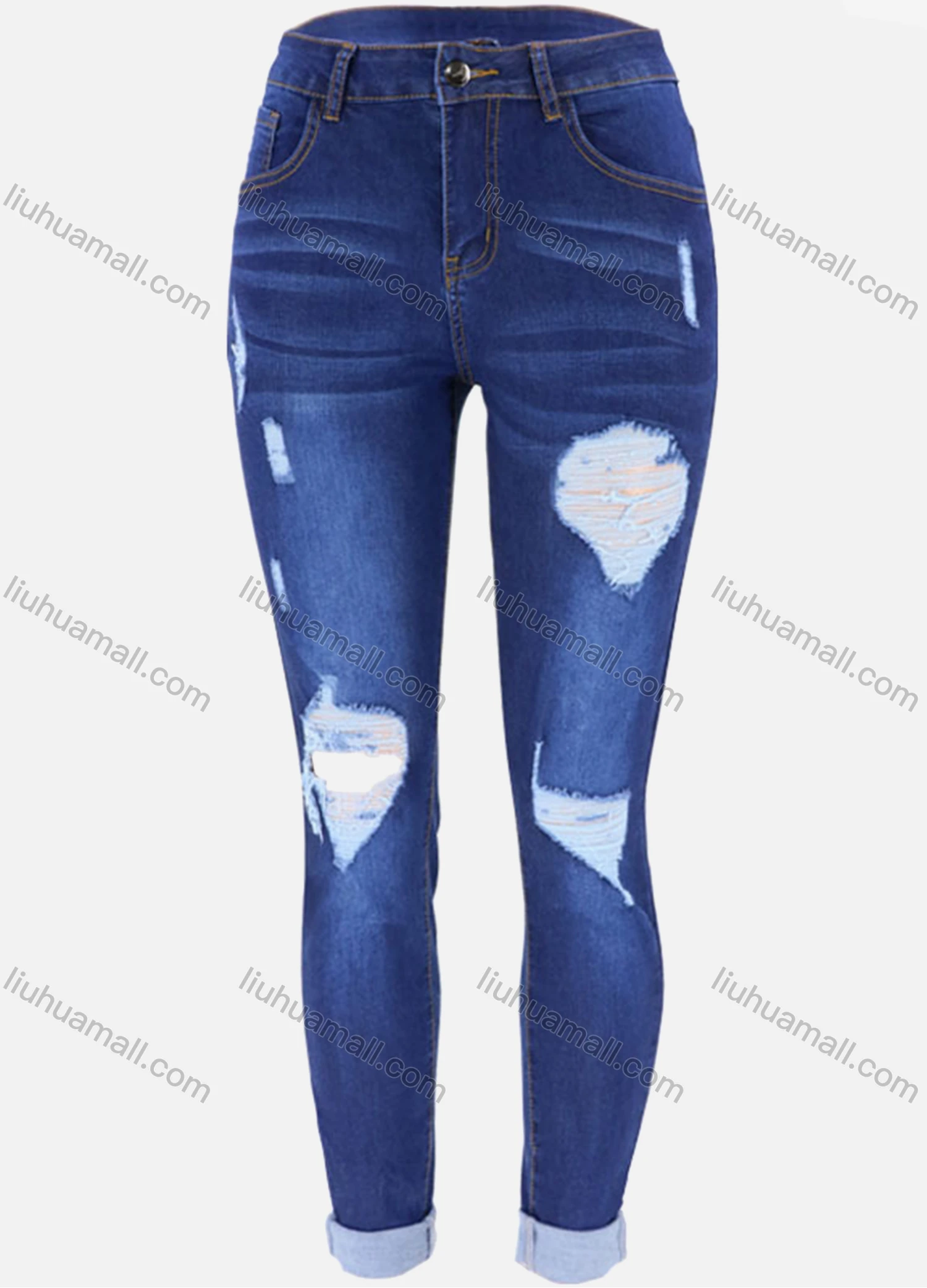 Wholesale Women's Casual Ripped Ankle Length Skinny Fit Rolled Leg Jean - Liuhuamall