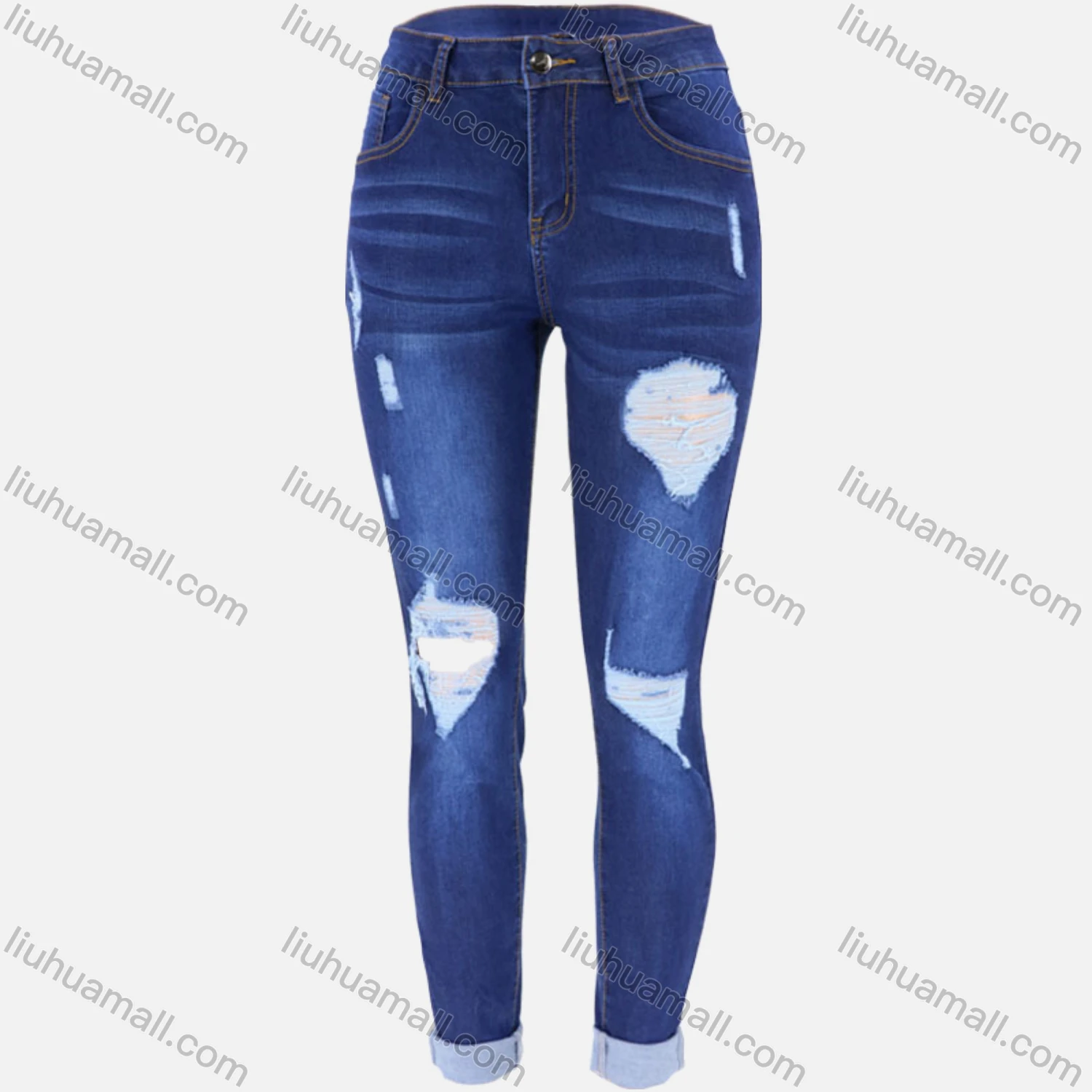 Wholesale Women's Casual Ripped Ankle Length Skinny Fit Rolled Leg Jean - Liuhuamall