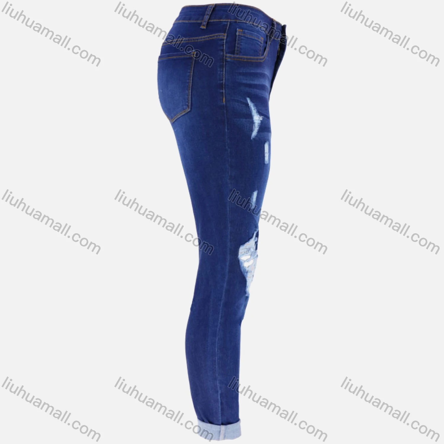 Wholesale Women's Casual Ripped Ankle Length Skinny Fit Rolled Leg Jean - Liuhuamall