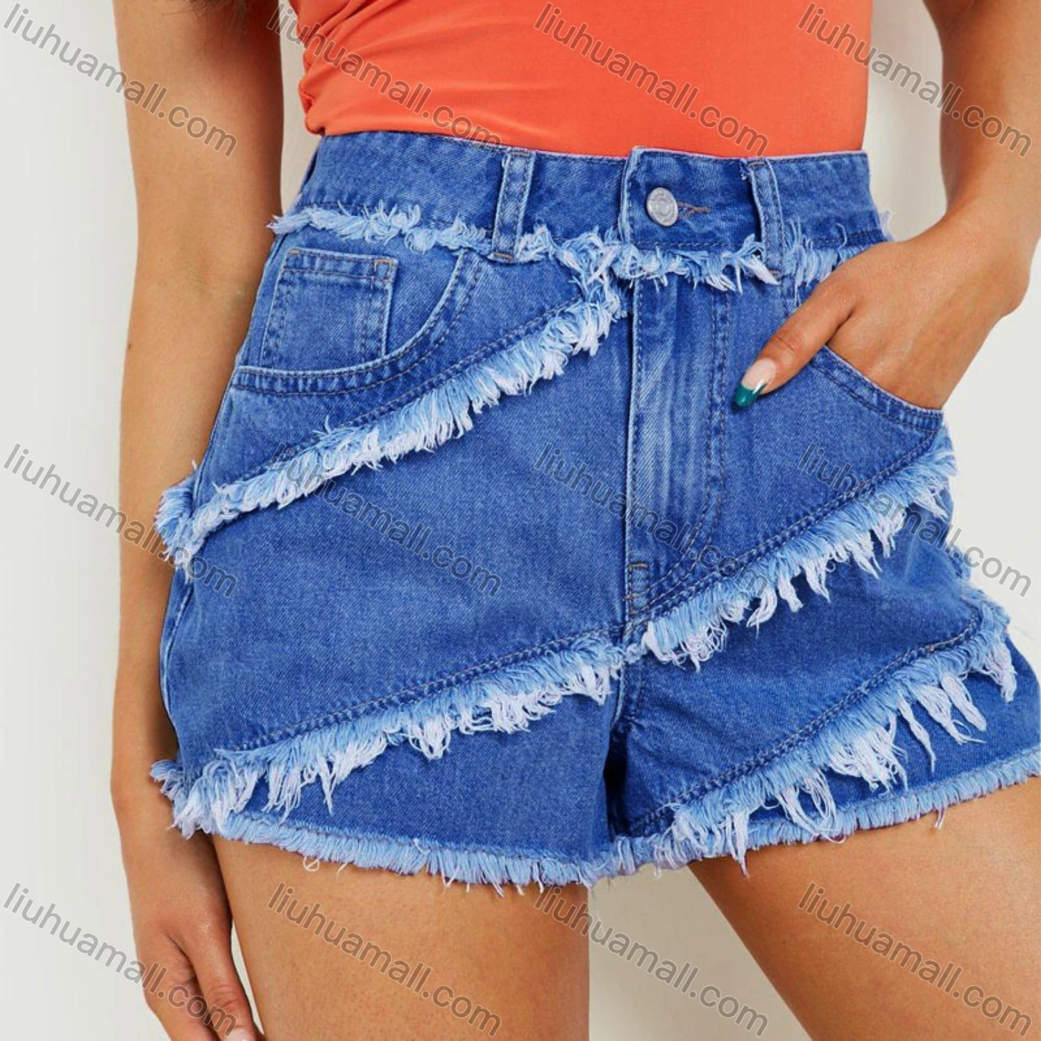 Wholesale Women's Plain Frayed Raw Trim Denim Shorts - Liuhuamall