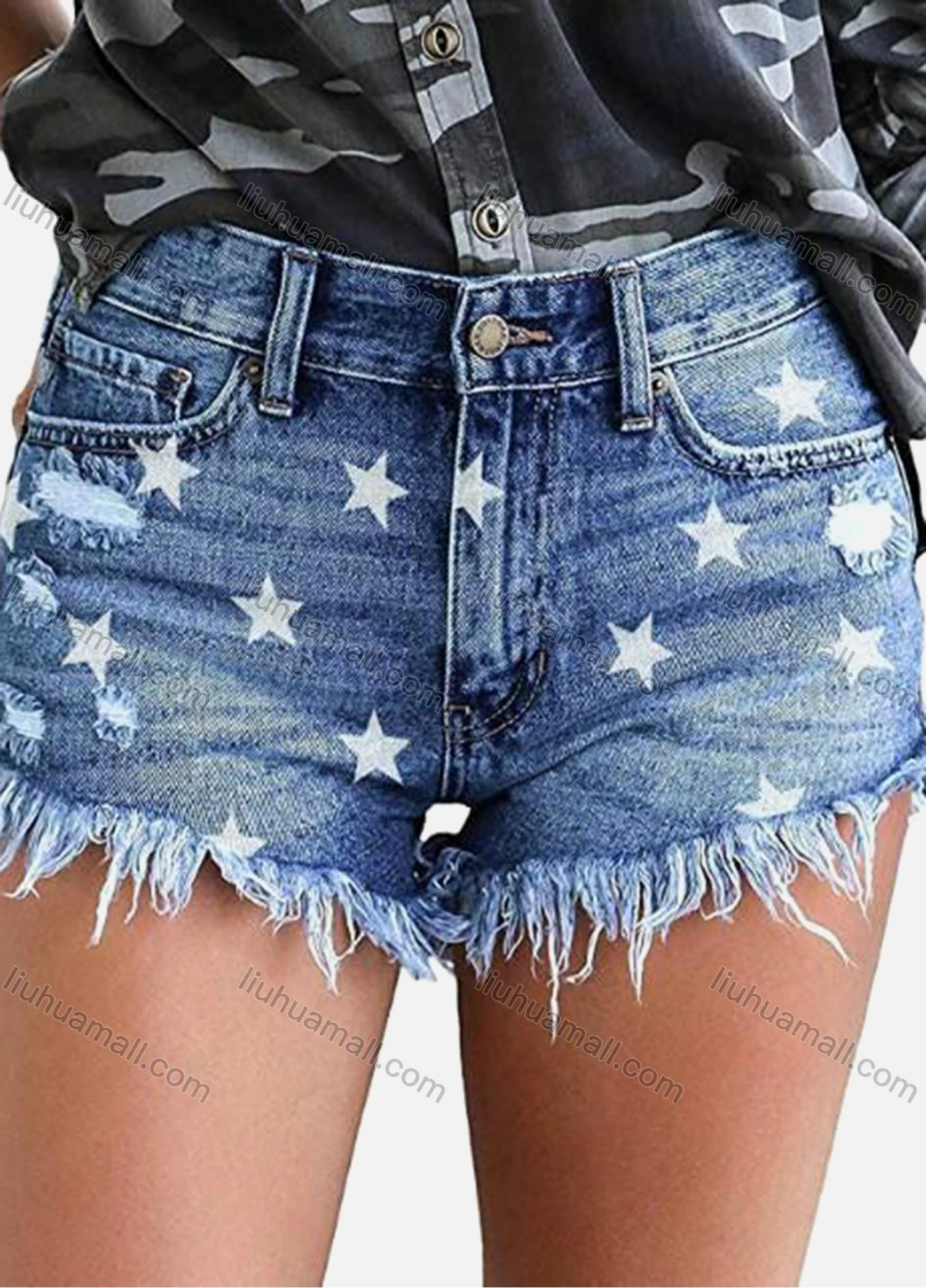 Wholesale Women's Stars Print Frayed Raw Hem Denim Shorts - Liuhuamall