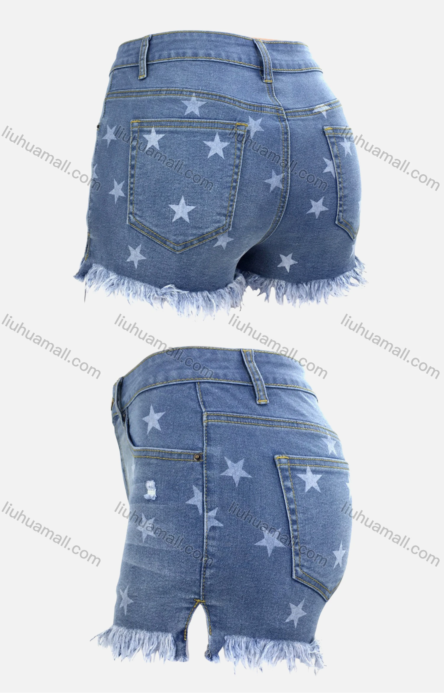 Wholesale Women's Stars Print Frayed Raw Hem Denim Shorts - Liuhuamall