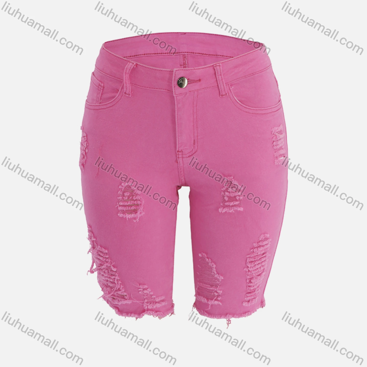 Wholesale Women's Plain Ripped High Waist Frayed Raw Hem Cropped Denim Shorts - Liuhuamall