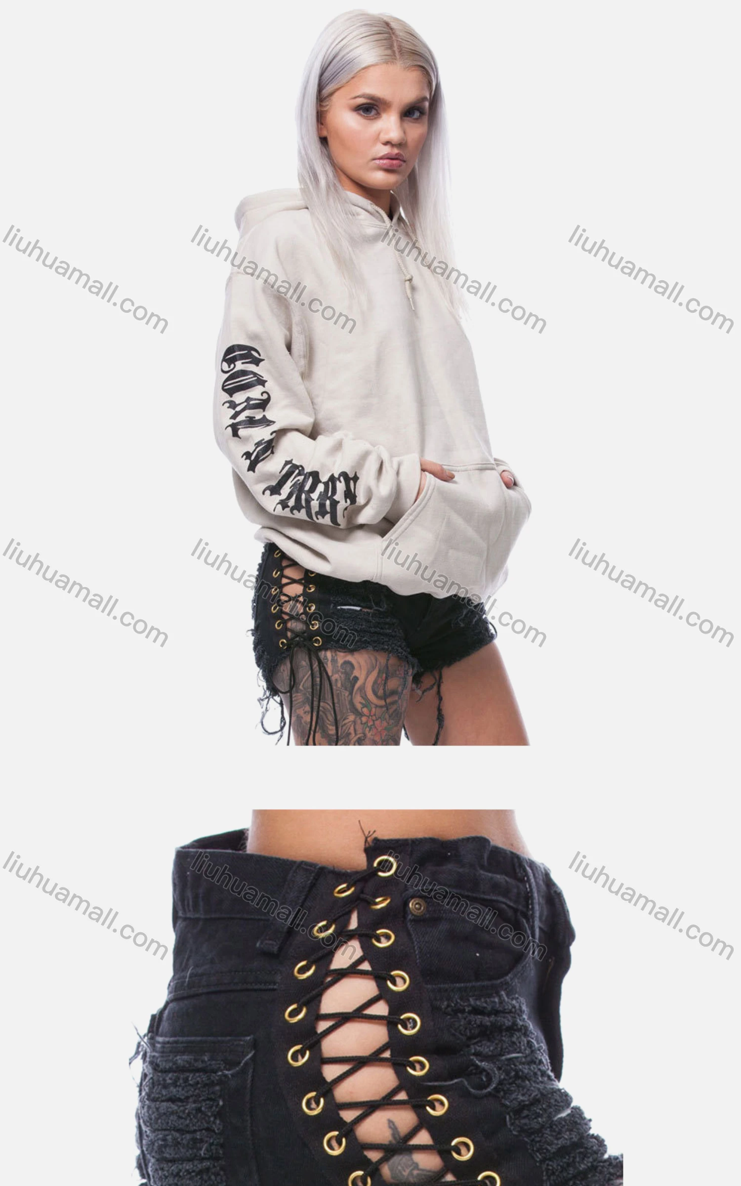 Wholesale Women's Plain Ripped Side Lace Up Frayed Raw Hem Denim Shorts - Liuhuamall