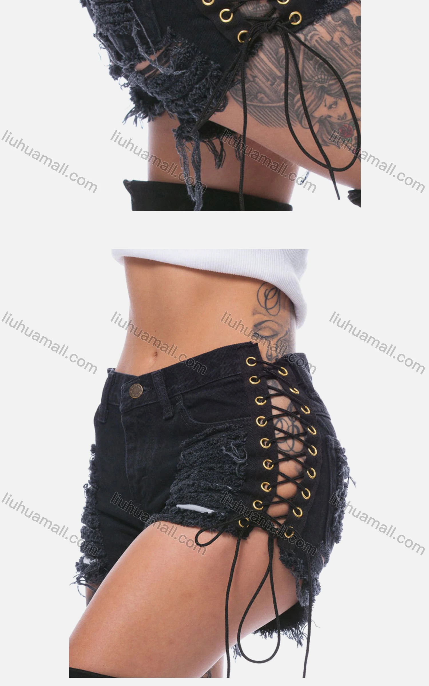 Wholesale Women's Plain Ripped Side Lace Up Frayed Raw Hem Denim Shorts - Liuhuamall