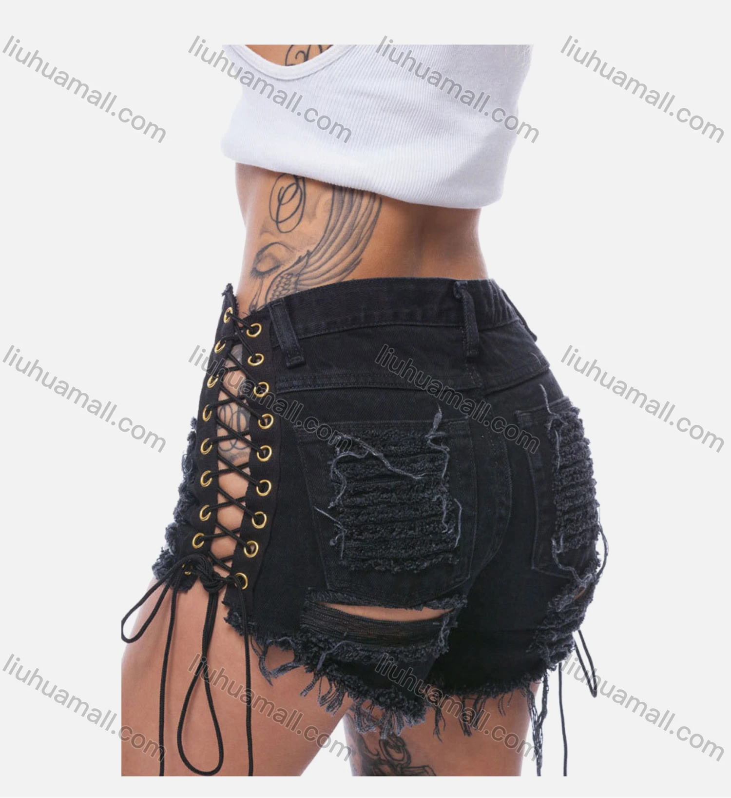 Wholesale Women's Plain Ripped Side Lace Up Frayed Raw Hem Denim Shorts - Liuhuamall