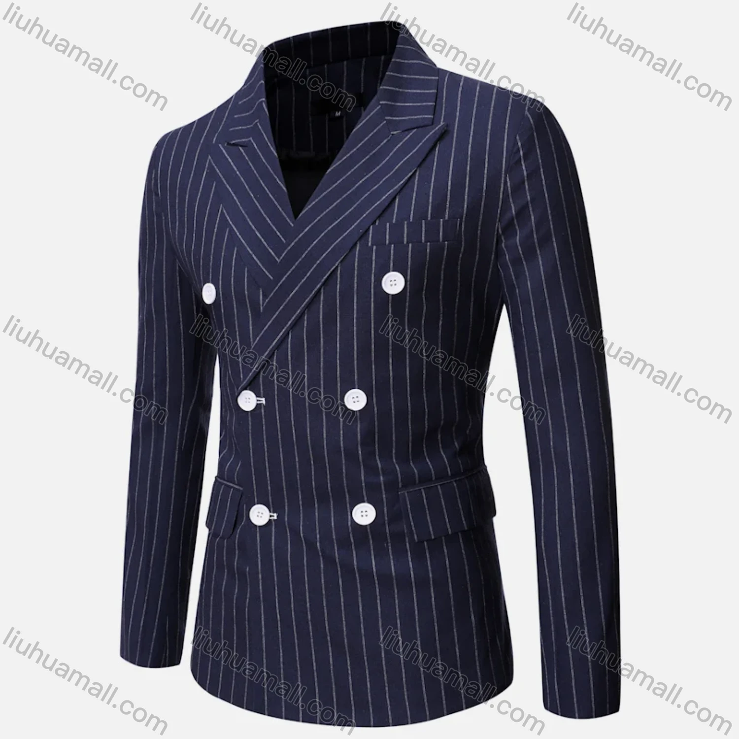Wholesale Men's Formal & Casual Striped Double Breasted Lapel Patch Pocket Suit Jacket - Liuhuamall