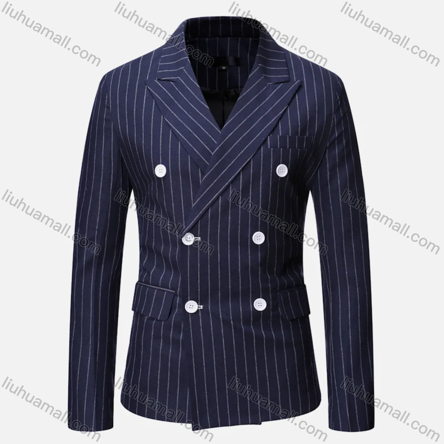 Wholesale Men's Formal & Casual Striped Double Breasted Lapel Patch Pocket Suit Jacket - Liuhuamall