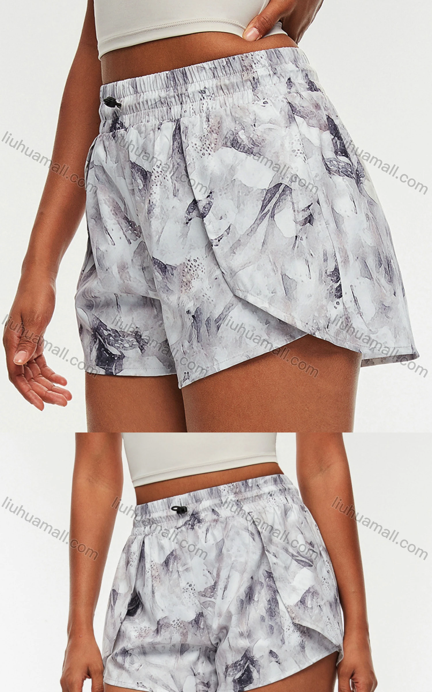 Wholesale Women's Sporty Drawstring Fake 2-piece Breathable Quick Dry Ink Print Shorts - Liuhuamall