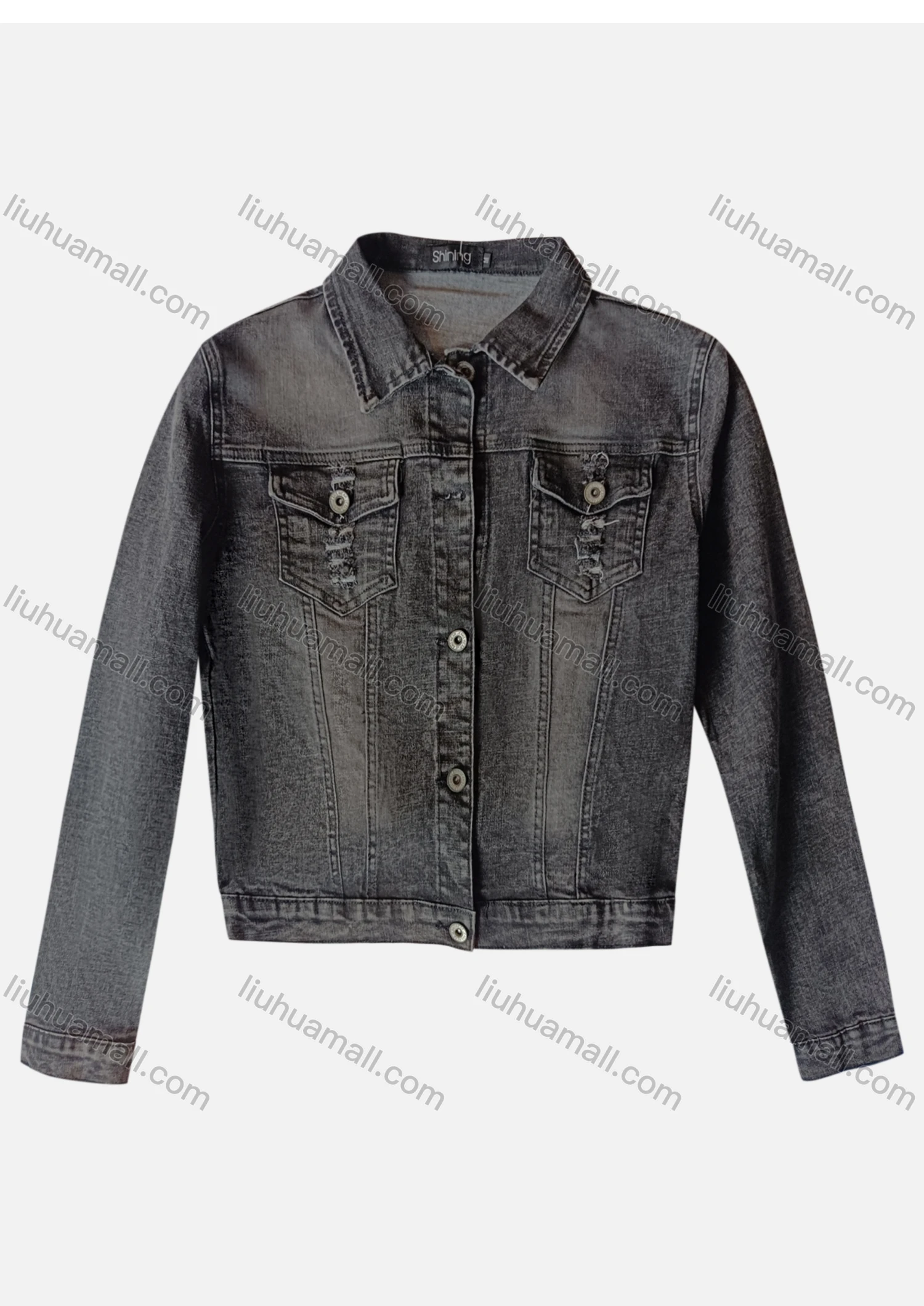 Wholesale Women's Casual Collared Button Down Long Sleeve Ripped Wash Denim Jacket - Liuhuamall