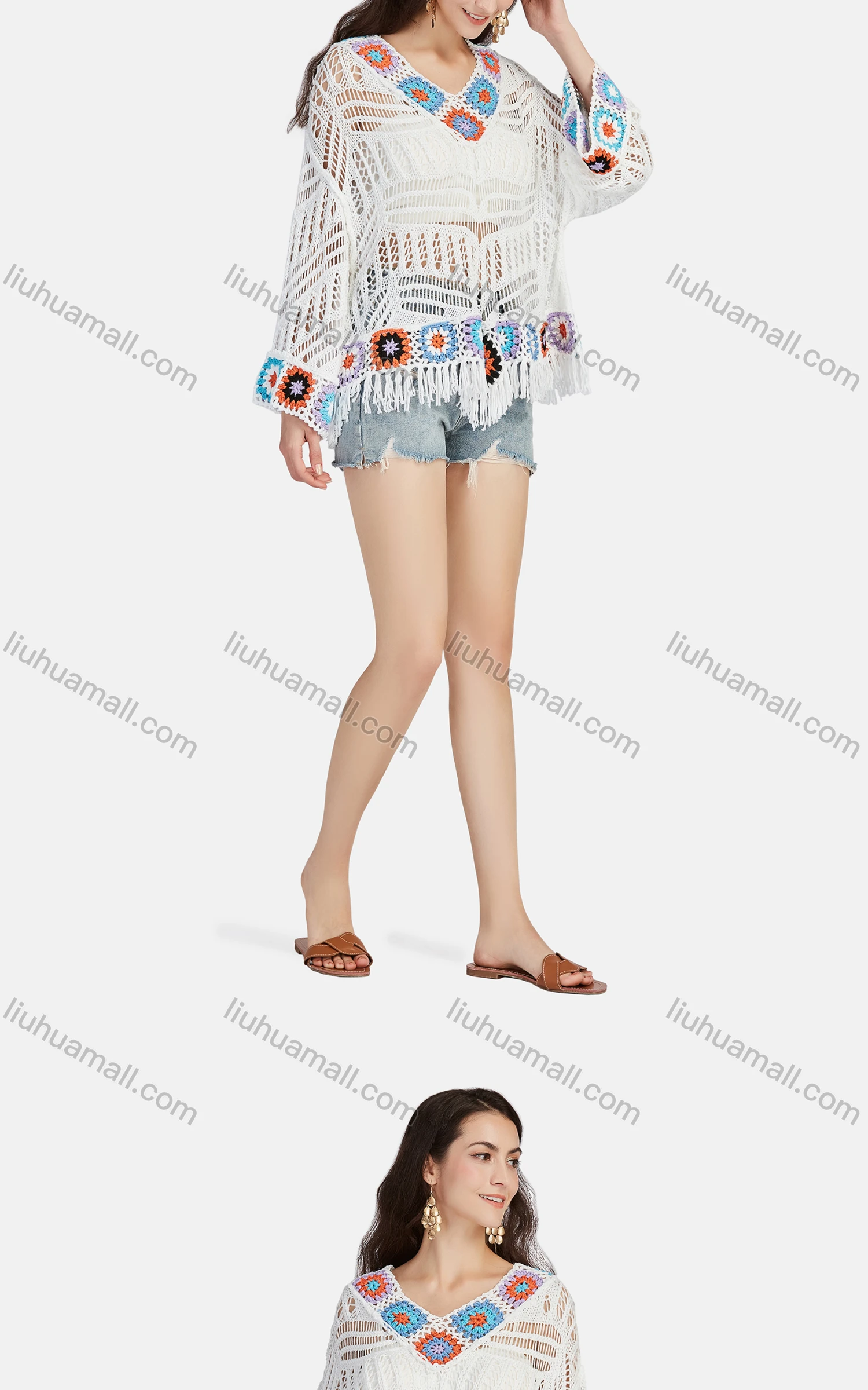 Wholesale Women's Casual V Neck Long Sleeve Hollow Out Scarf Hem Cover Up Knit Top 552# - Liuhuamall