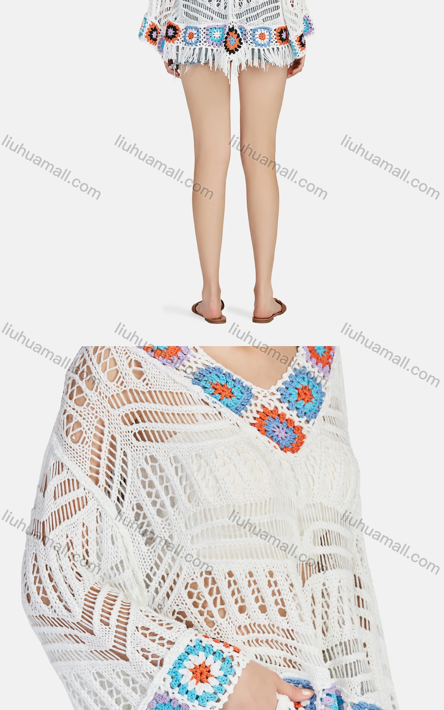 Wholesale Women's Casual V Neck Long Sleeve Hollow Out Scarf Hem Cover Up Knit Top 552# - Liuhuamall