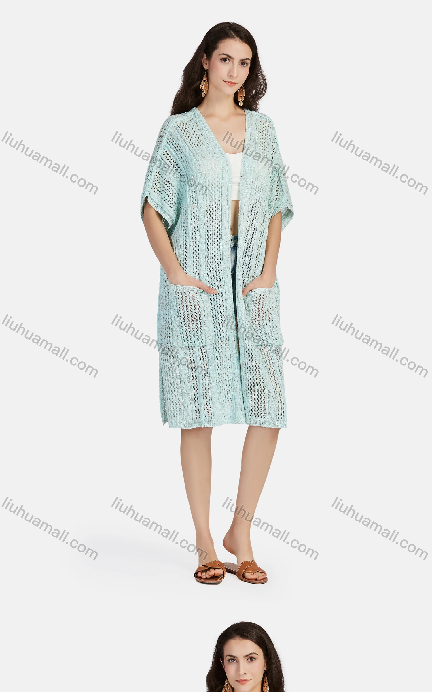 Wholesale Women's Casual V Neck Half Sleeve Hollow Out Cover Up Mid Length Cardigan L04# - Liuhuamall