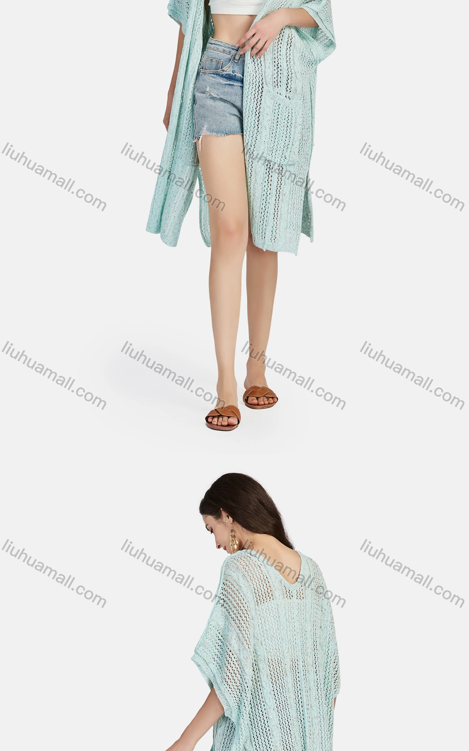 Wholesale Women's Casual V Neck Half Sleeve Hollow Out Cover Up Mid Length Cardigan L04# - Liuhuamall