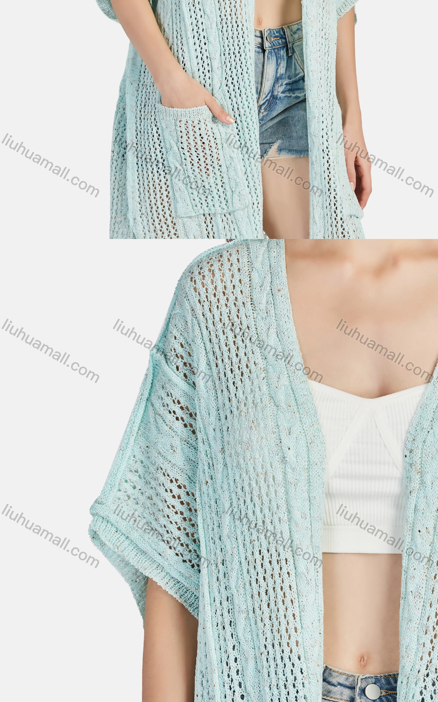 Wholesale Women's Casual V Neck Half Sleeve Hollow Out Cover Up Mid Length Cardigan L04# - Liuhuamall
