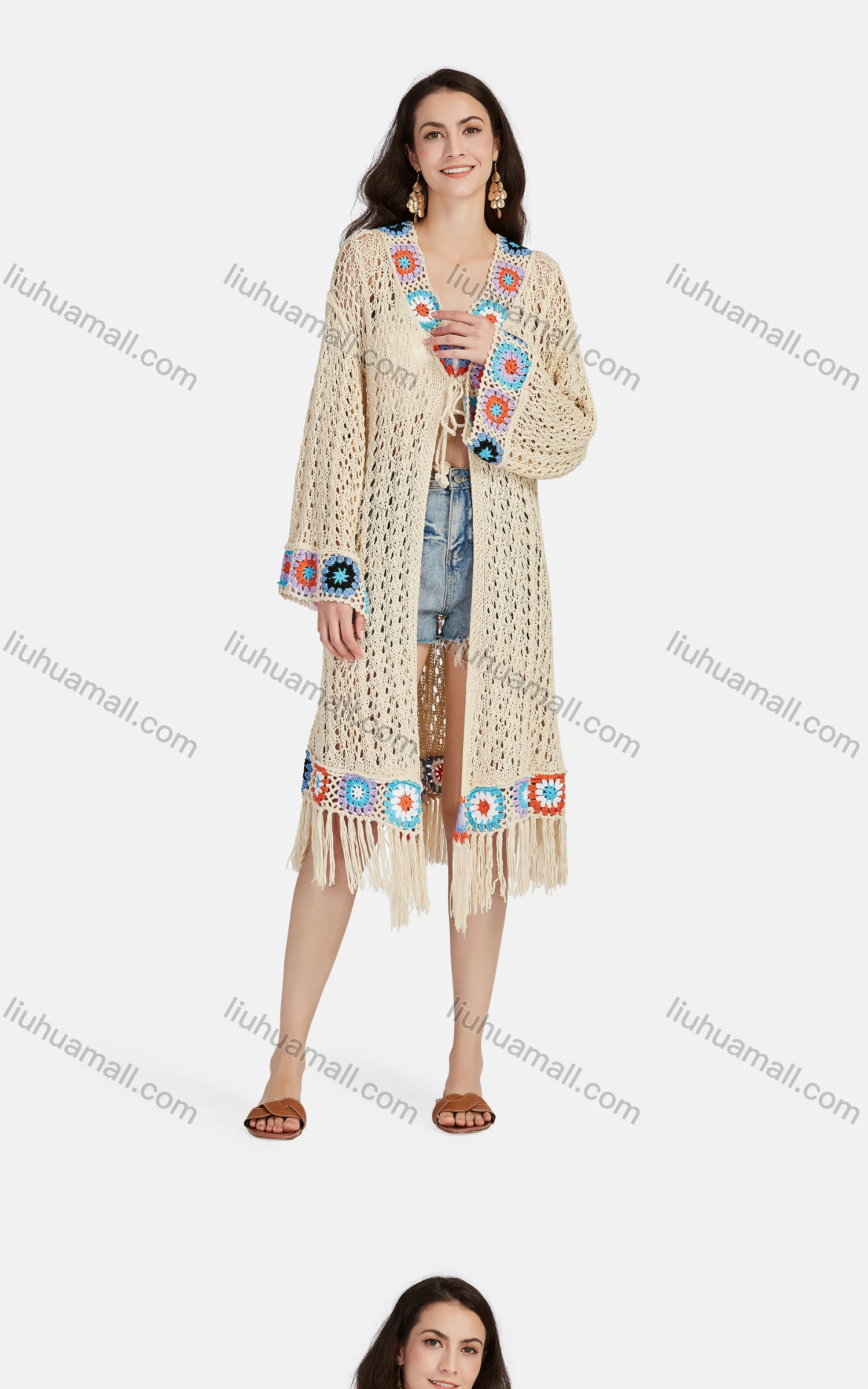 Wholesale Women's Casual V Neck Long Sleeve Hollow Out Cover Up Mid Length Cardigan L03# - Liuhuamall