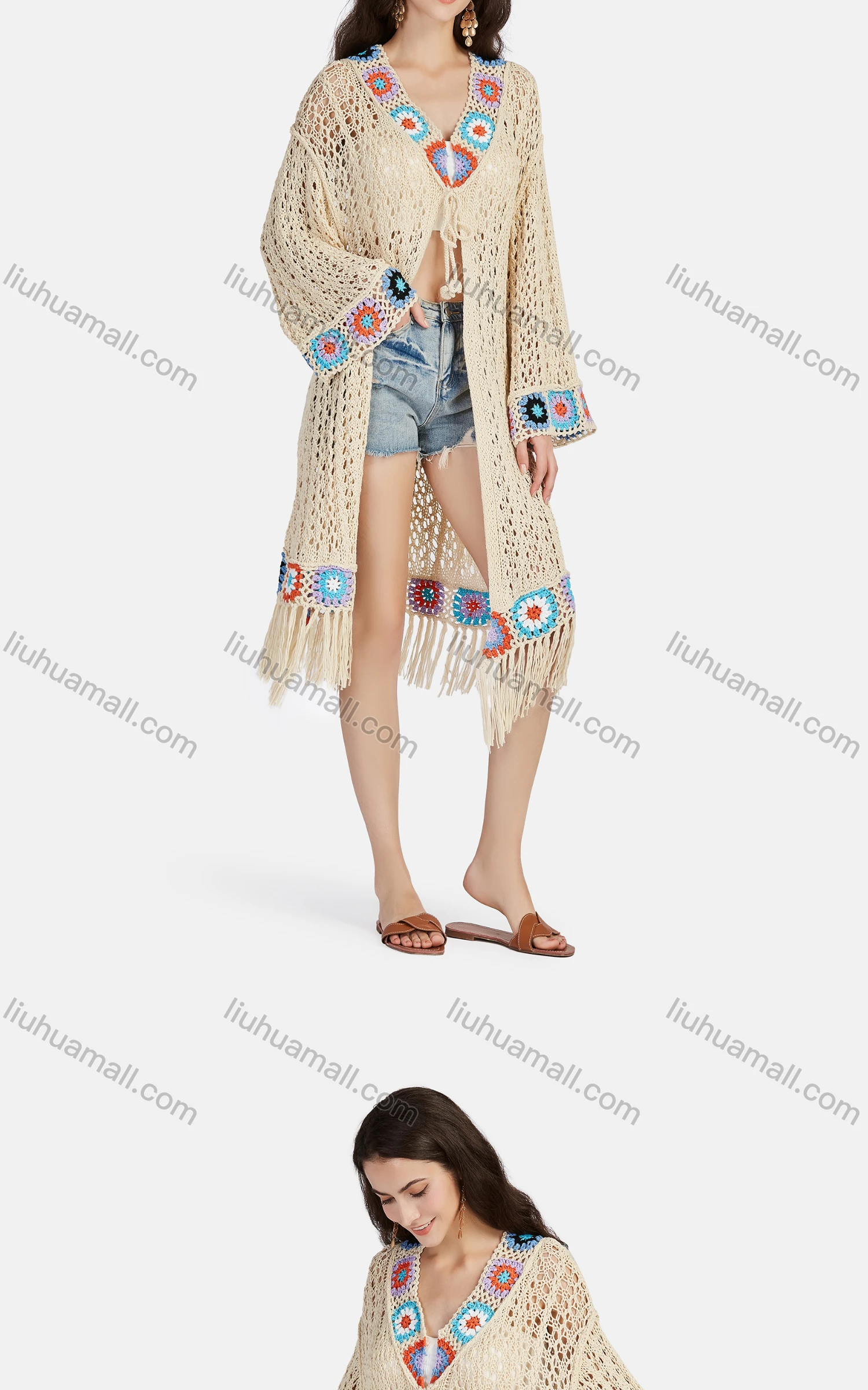 Wholesale Women's Casual V Neck Long Sleeve Hollow Out Cover Up Mid Length Cardigan L03# - Liuhuamall