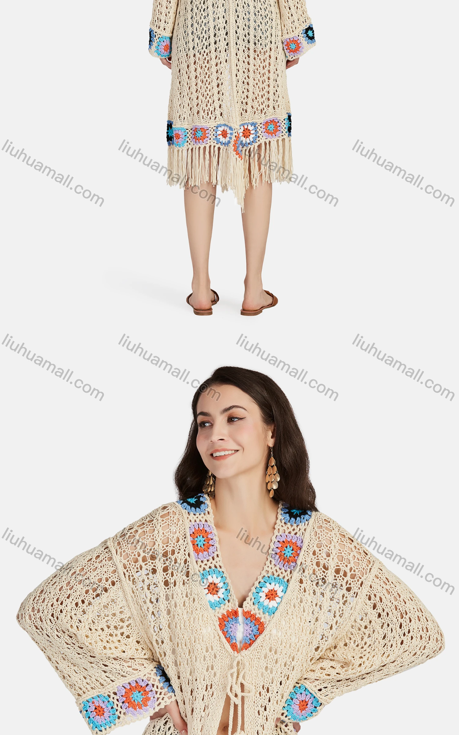 Wholesale Women's Casual V Neck Long Sleeve Hollow Out Cover Up Mid Length Cardigan L03# - Liuhuamall