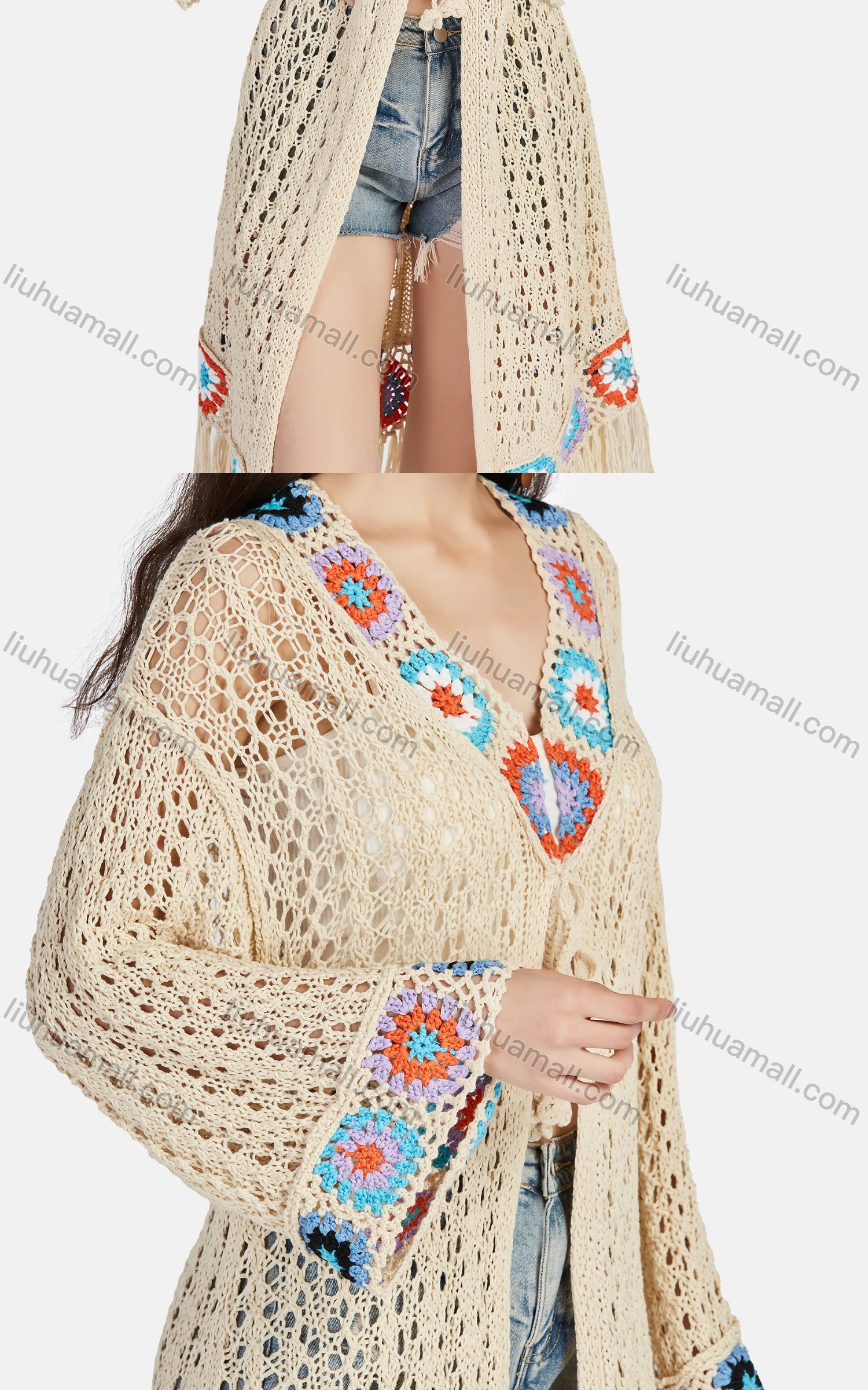 Wholesale Women's Casual V Neck Long Sleeve Hollow Out Cover Up Mid Length Cardigan L03# - Liuhuamall