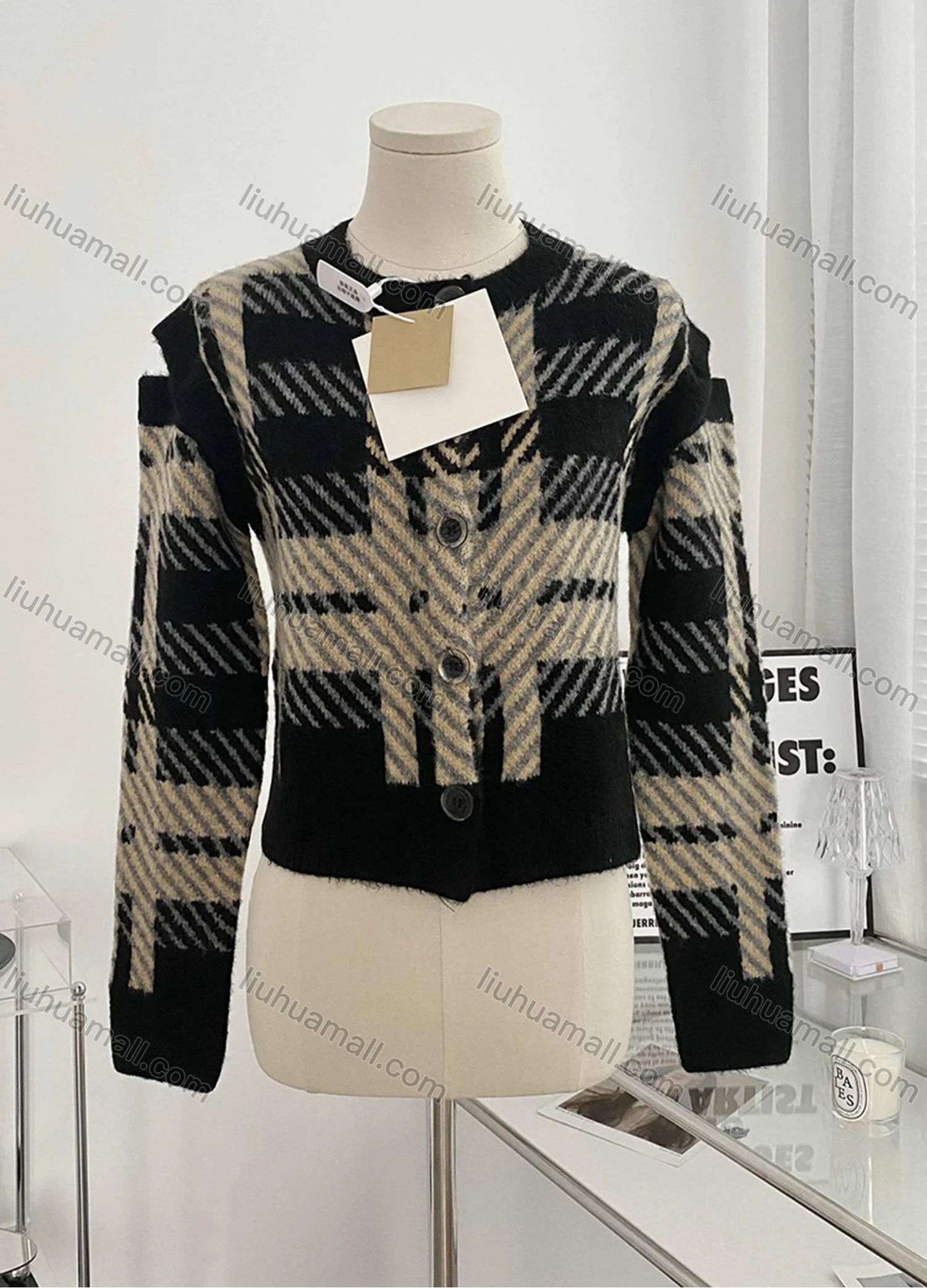 Wholesale Women's Casual Crew Neck Striped Plaid Button Down Knit Cardigan 8118# - Liuhuamall