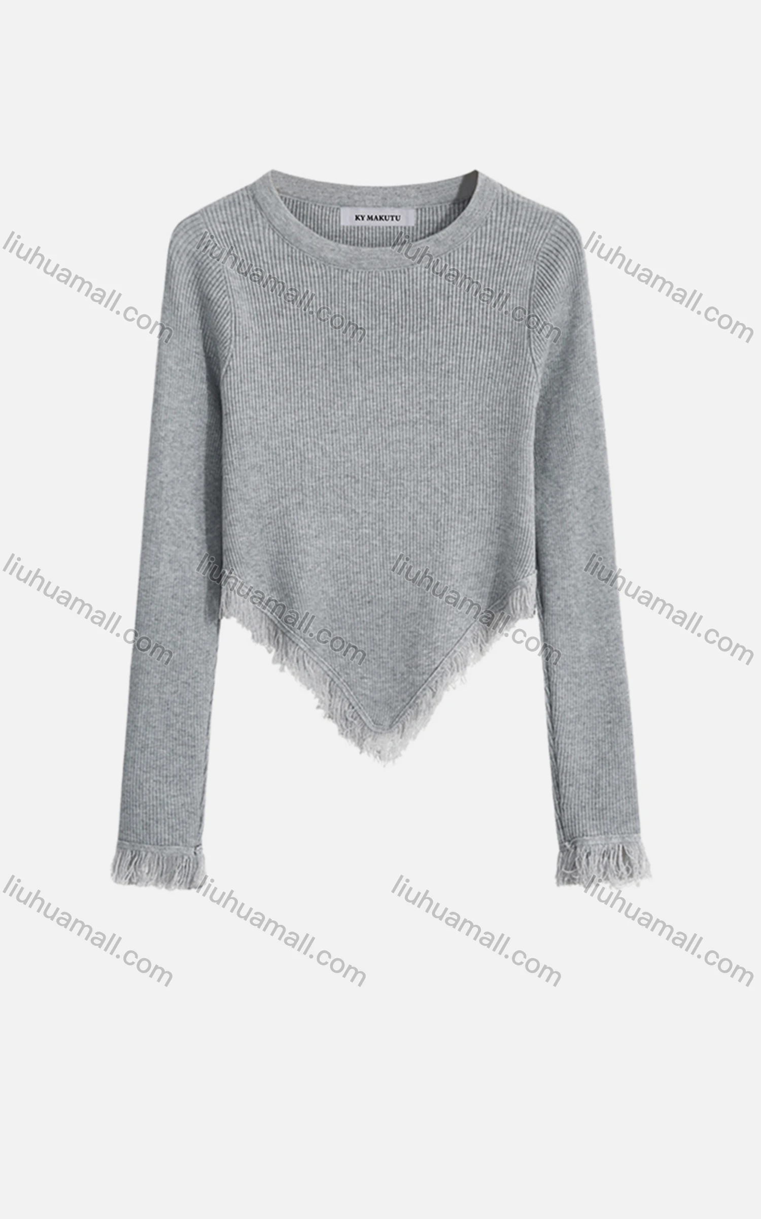 Wholesale Women's Casual Crew Neck Long Sleeve Frayed Raw Hem Crop Blouse 8119# - Liuhuamall