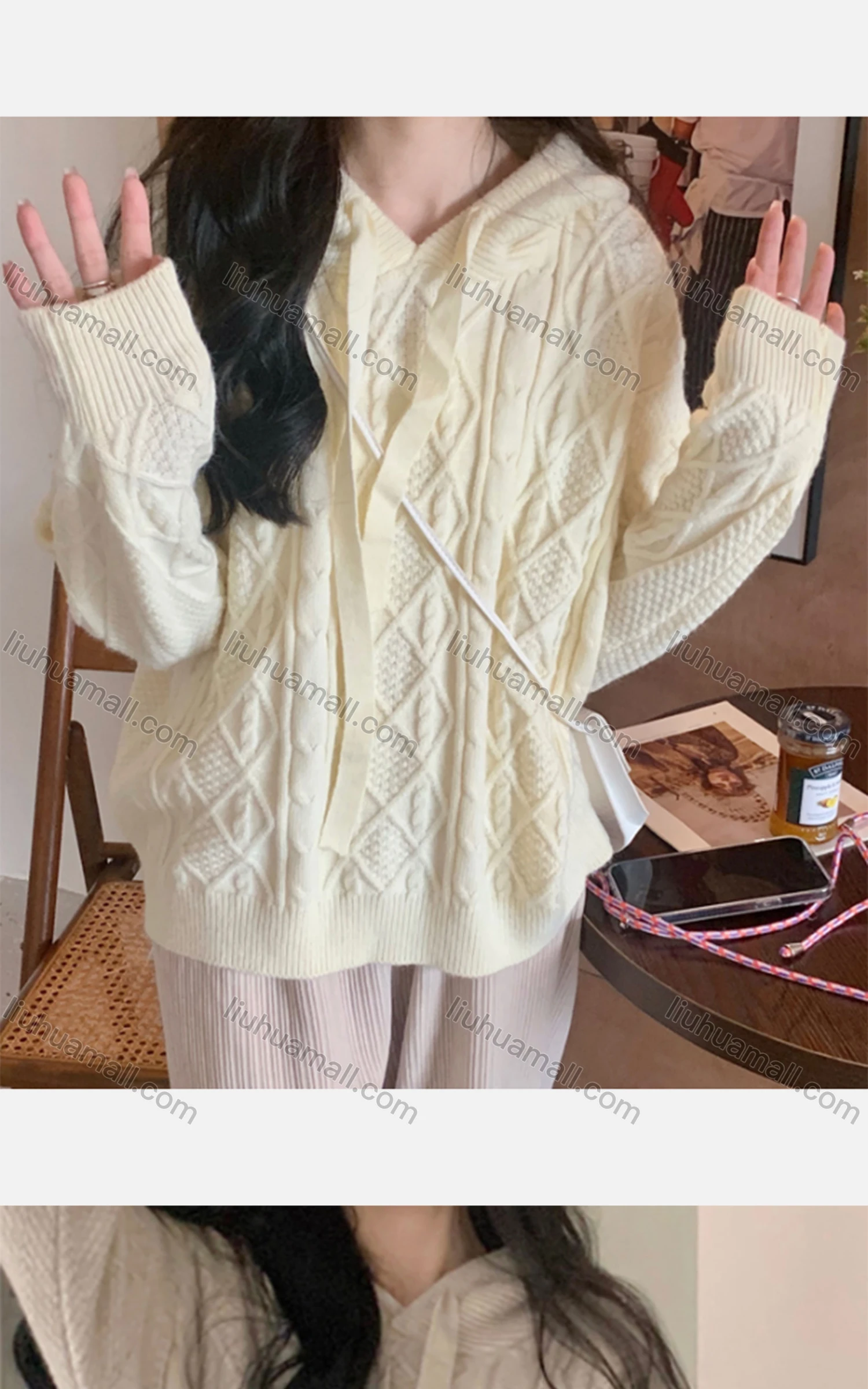 Wholesale Women's Casual Plain Long Sleeve Cable Knit Hoodies 8120# - Liuhuamall
