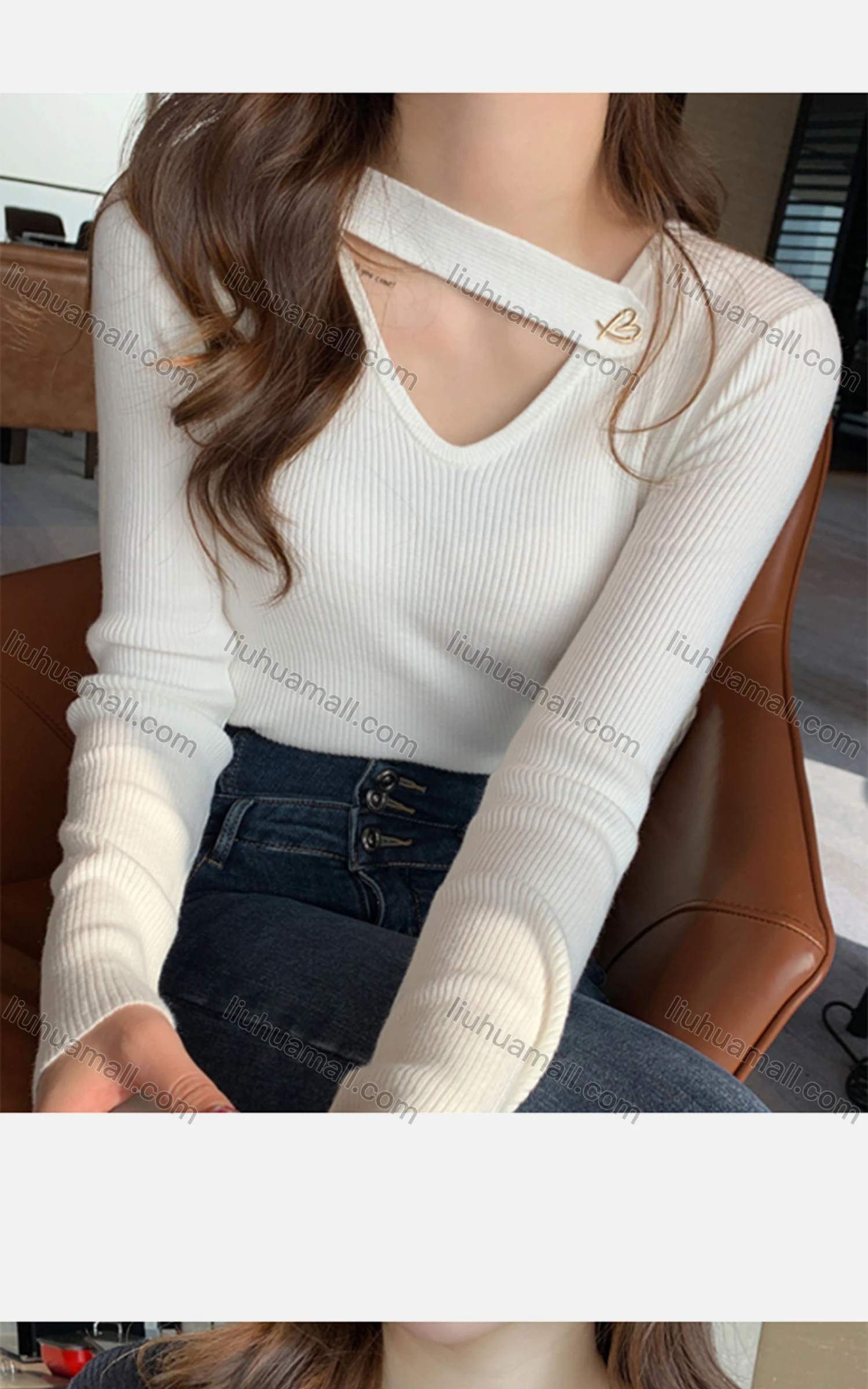 Wholesale Women's Casual V Neck Long Sleeve Plain Ribbed Blouse 8122# - Liuhuamall
