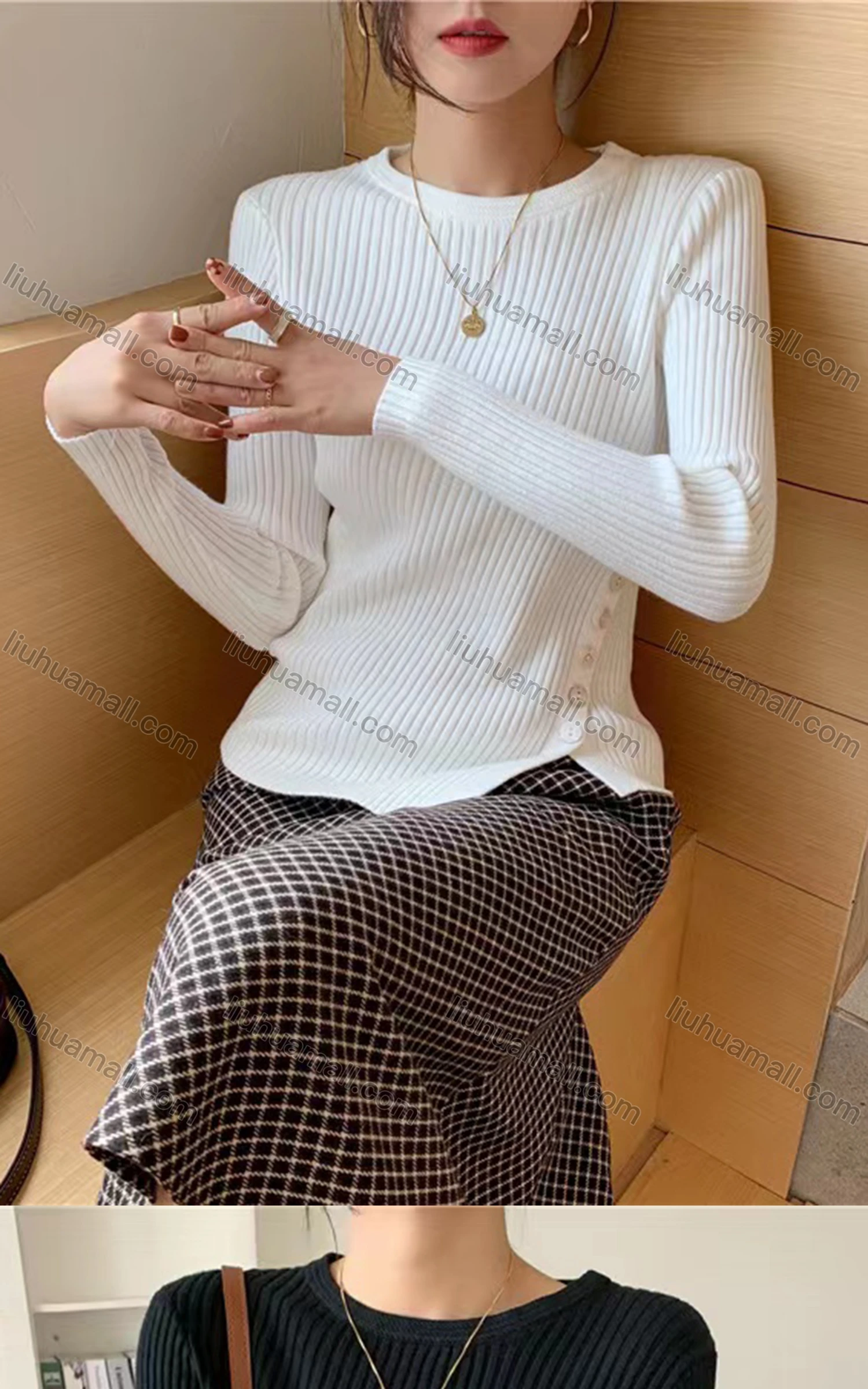 Wholesale Women's Casual Crew Neck Button Decor Plain Rib Knit Blouse 8123# - Liuhuamall