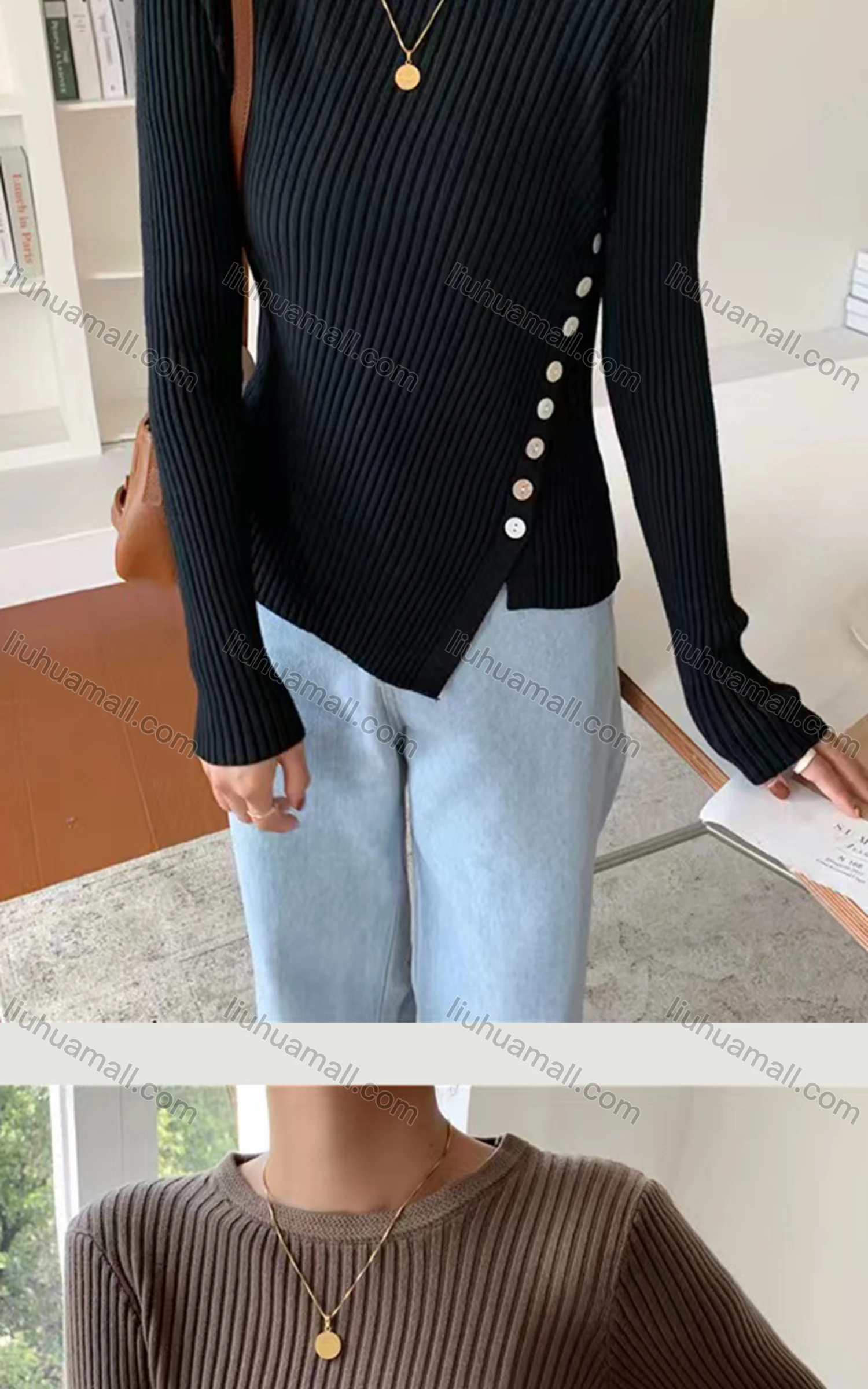 Wholesale Women's Casual Crew Neck Button Decor Plain Rib Knit Blouse 8123# - Liuhuamall