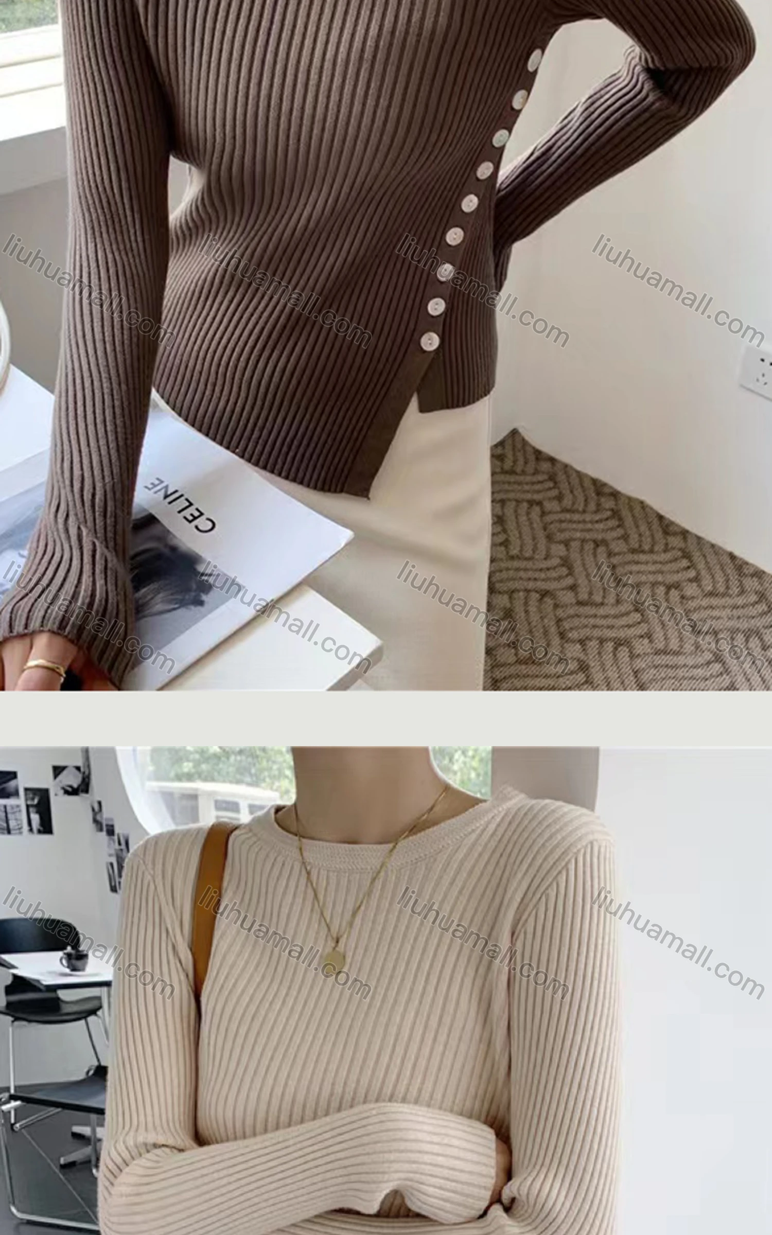 Wholesale Women's Casual Crew Neck Button Decor Plain Rib Knit Blouse 8123# - Liuhuamall