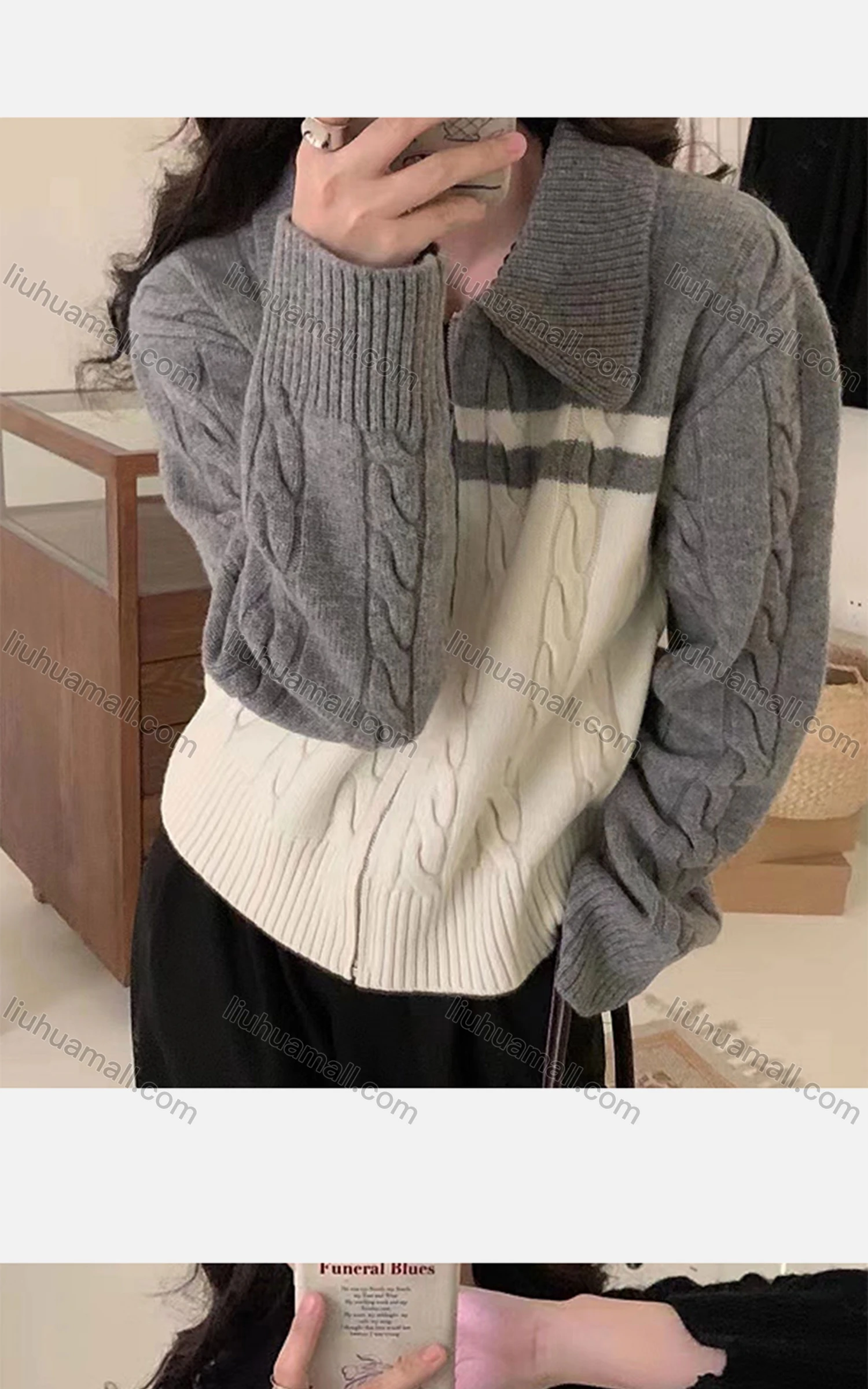 Wholesale Women's Casual Collared Zipper Colorblock Knitted Jackets 8124# - Liuhuamall