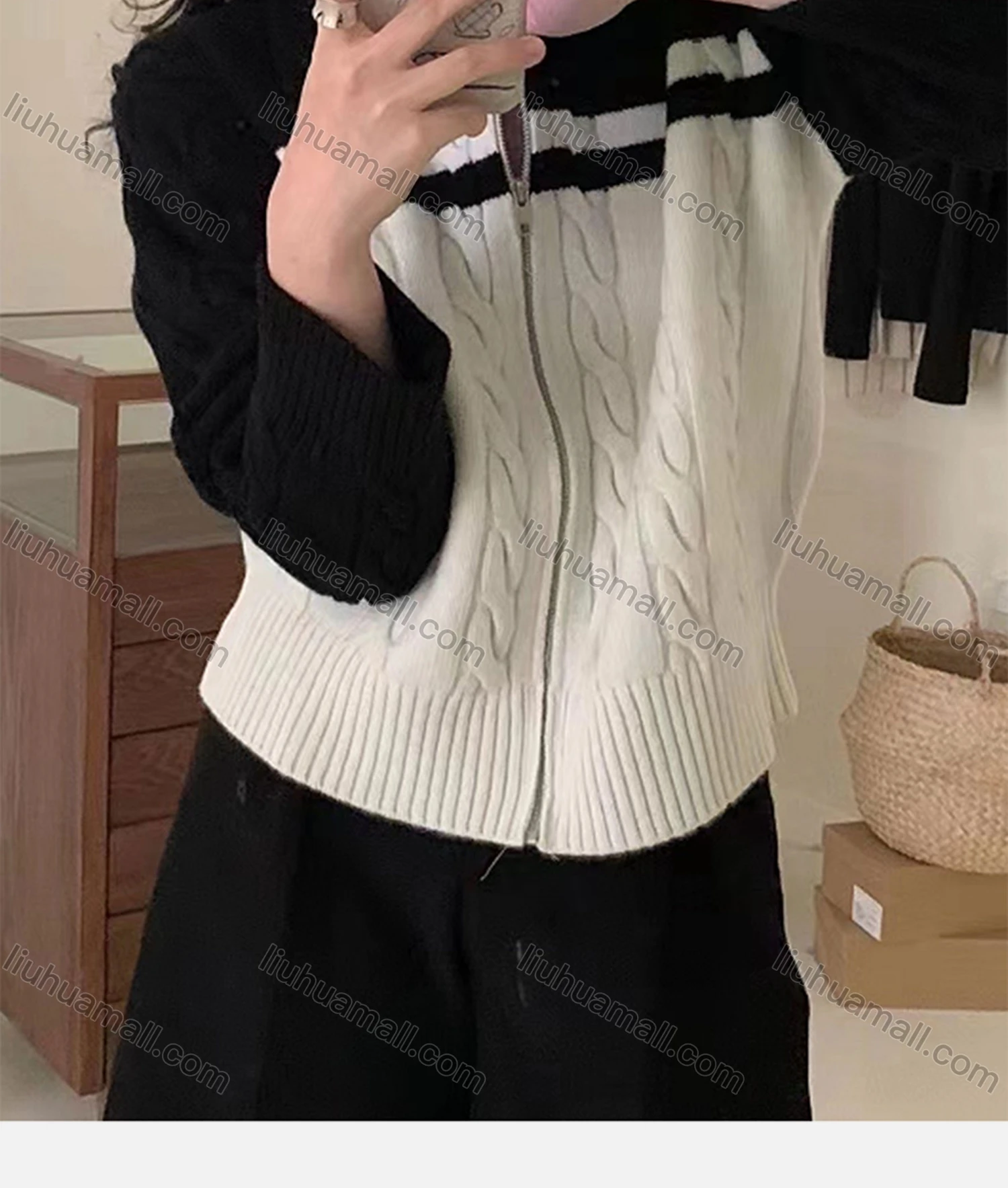Wholesale Women's Casual Collared Zipper Colorblock Knitted Jackets 8124# - Liuhuamall