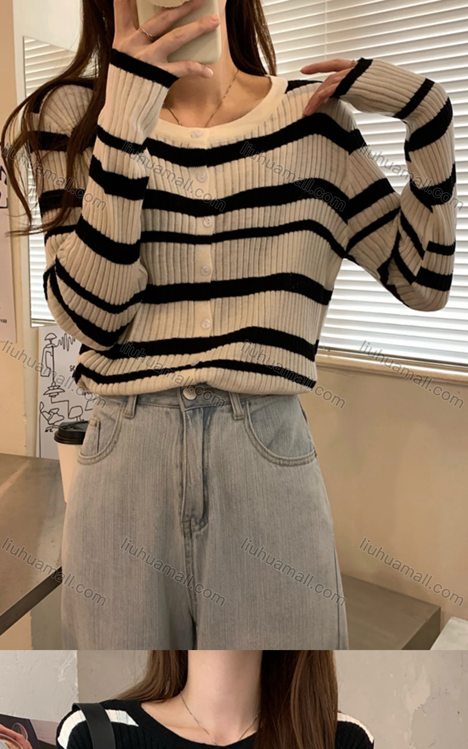Wholesale Women's Casual Crew Neck Striped Ribbed Button Down Knit Cardigan 8125# - Liuhuamall
