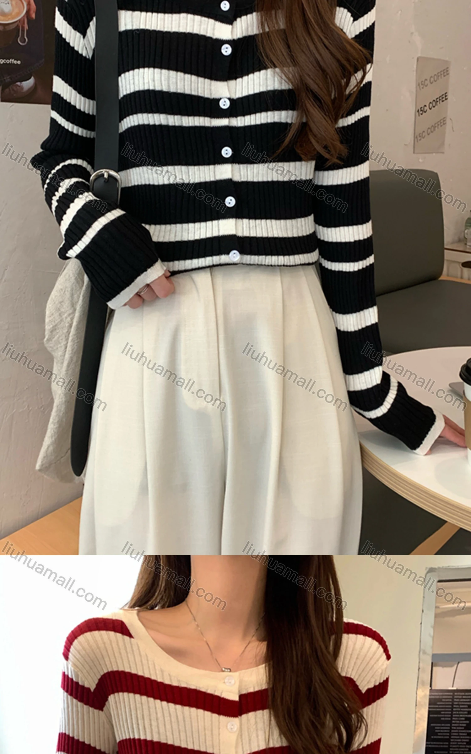 Wholesale Women's Casual Crew Neck Striped Ribbed Button Down Knit Cardigan 8125# - Liuhuamall