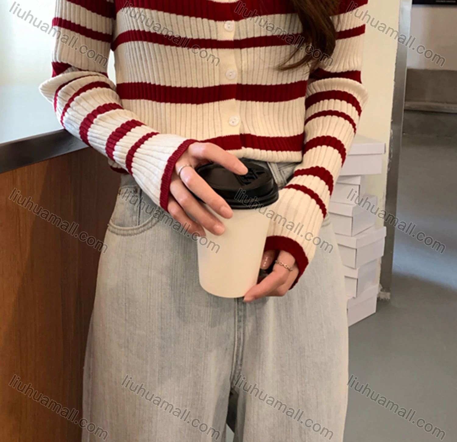 Wholesale Women's Casual Crew Neck Striped Ribbed Button Down Knit Cardigan 8125# - Liuhuamall