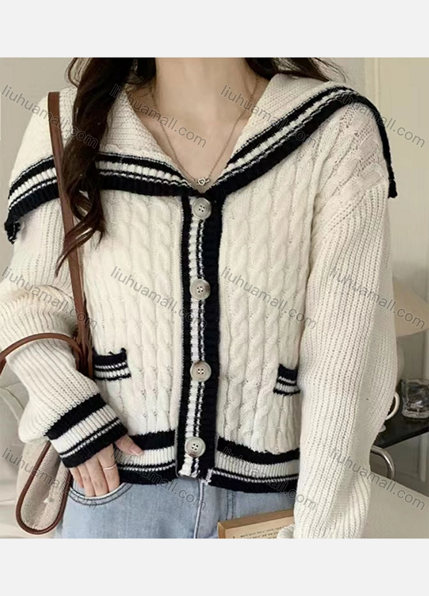 Wholesale Women's Casual Contrast Cable Knit Button Down Knit Cardigan 8126# - Liuhuamall