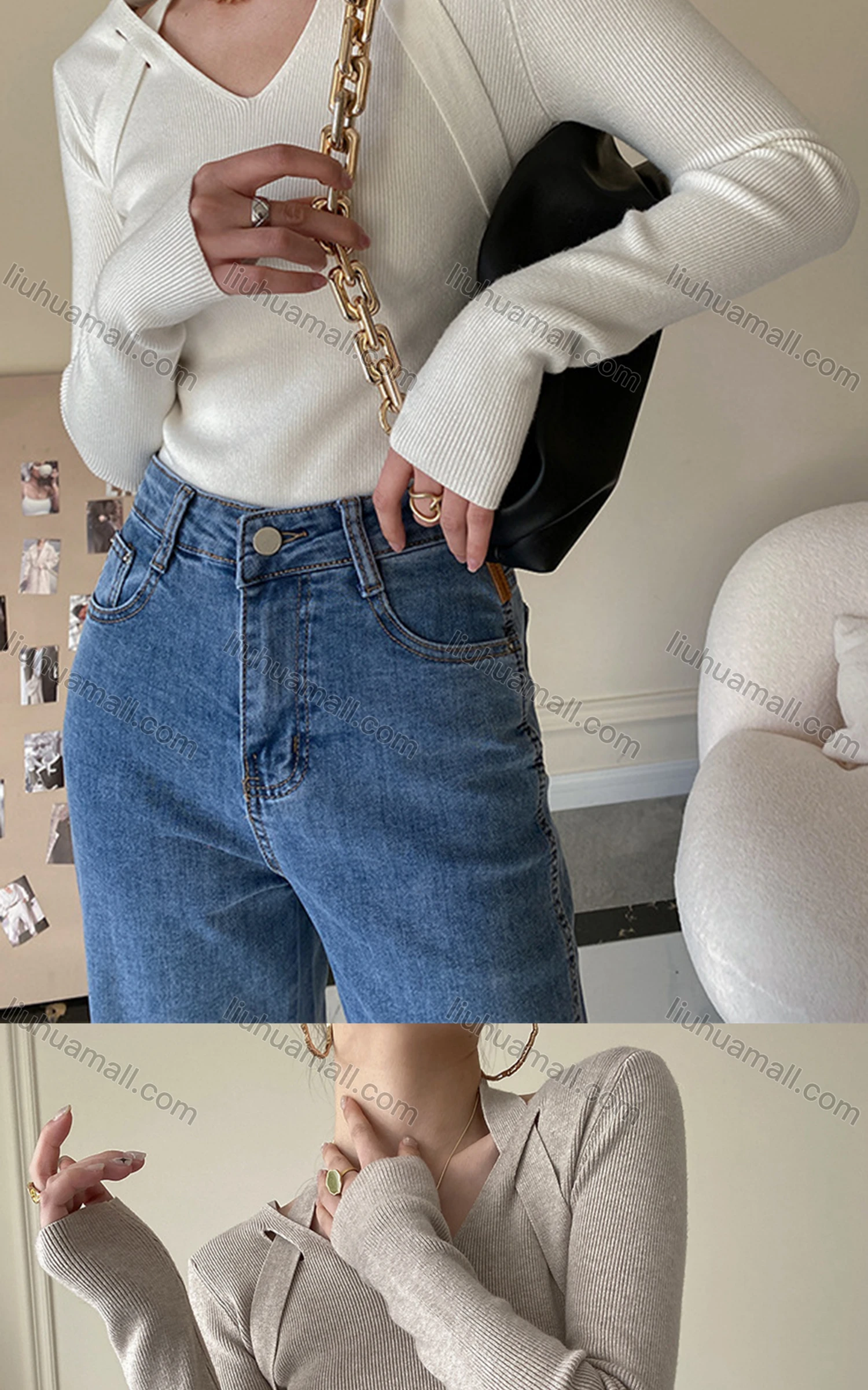 Wholesale Women's Casual V Neck Long Sleeve Plain Ribbed Halter Blouse 8131# - Liuhuamall