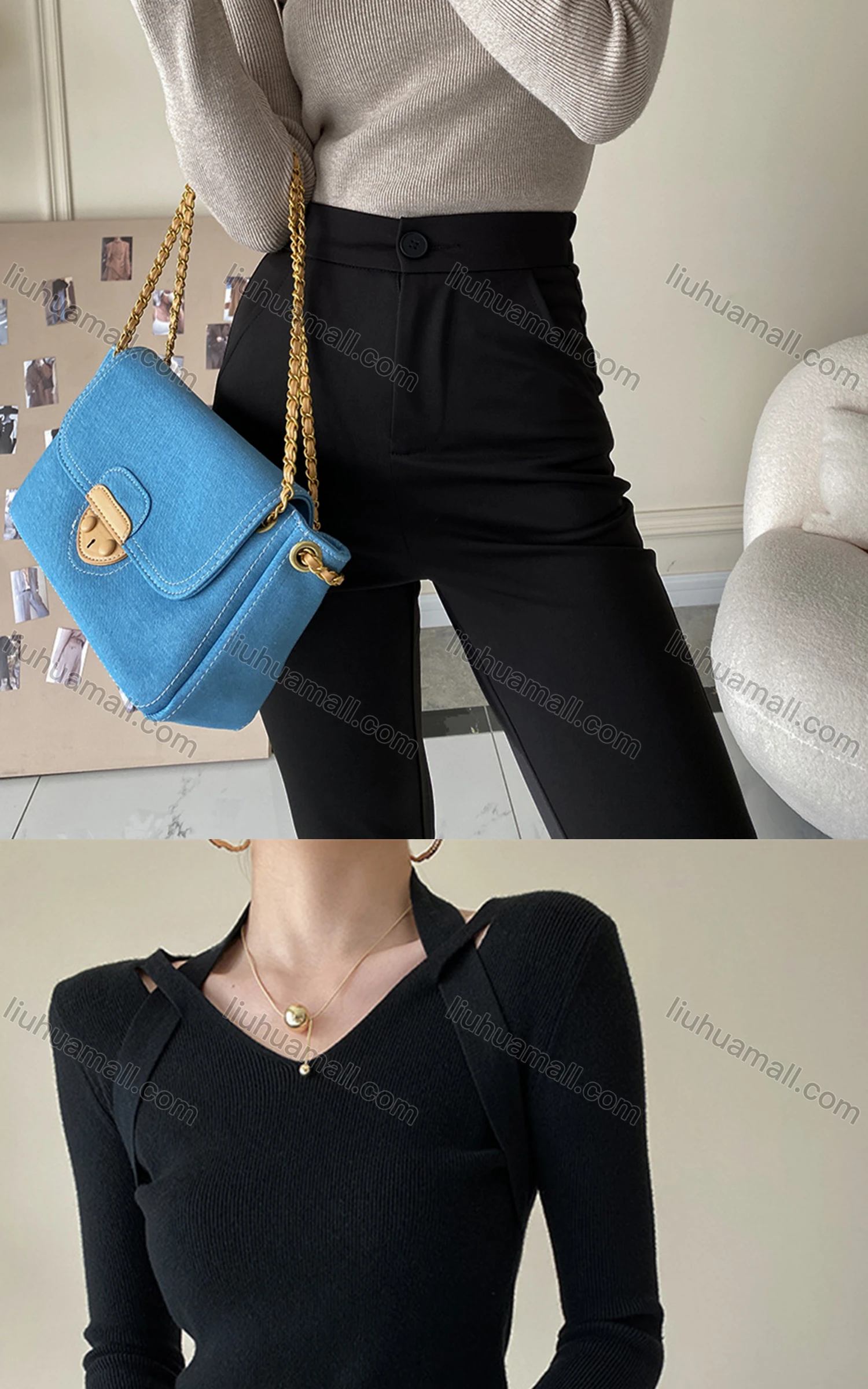 Wholesale Women's Casual V Neck Long Sleeve Plain Ribbed Halter Blouse 8131# - Liuhuamall