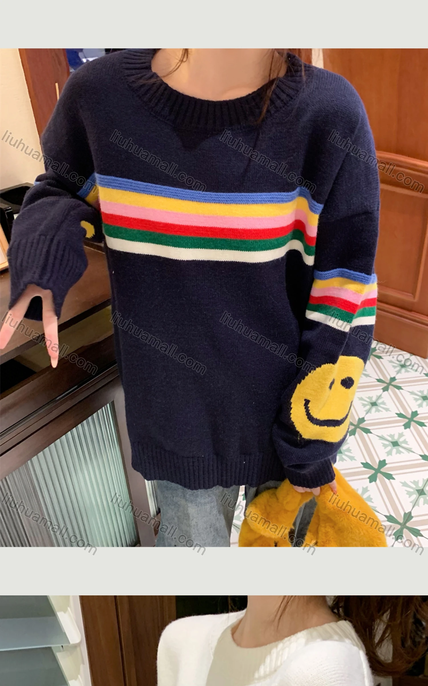 Wholesale Women's Casual Crew Neck Rainbow Print Knit Sweater 8132# - Liuhuamall