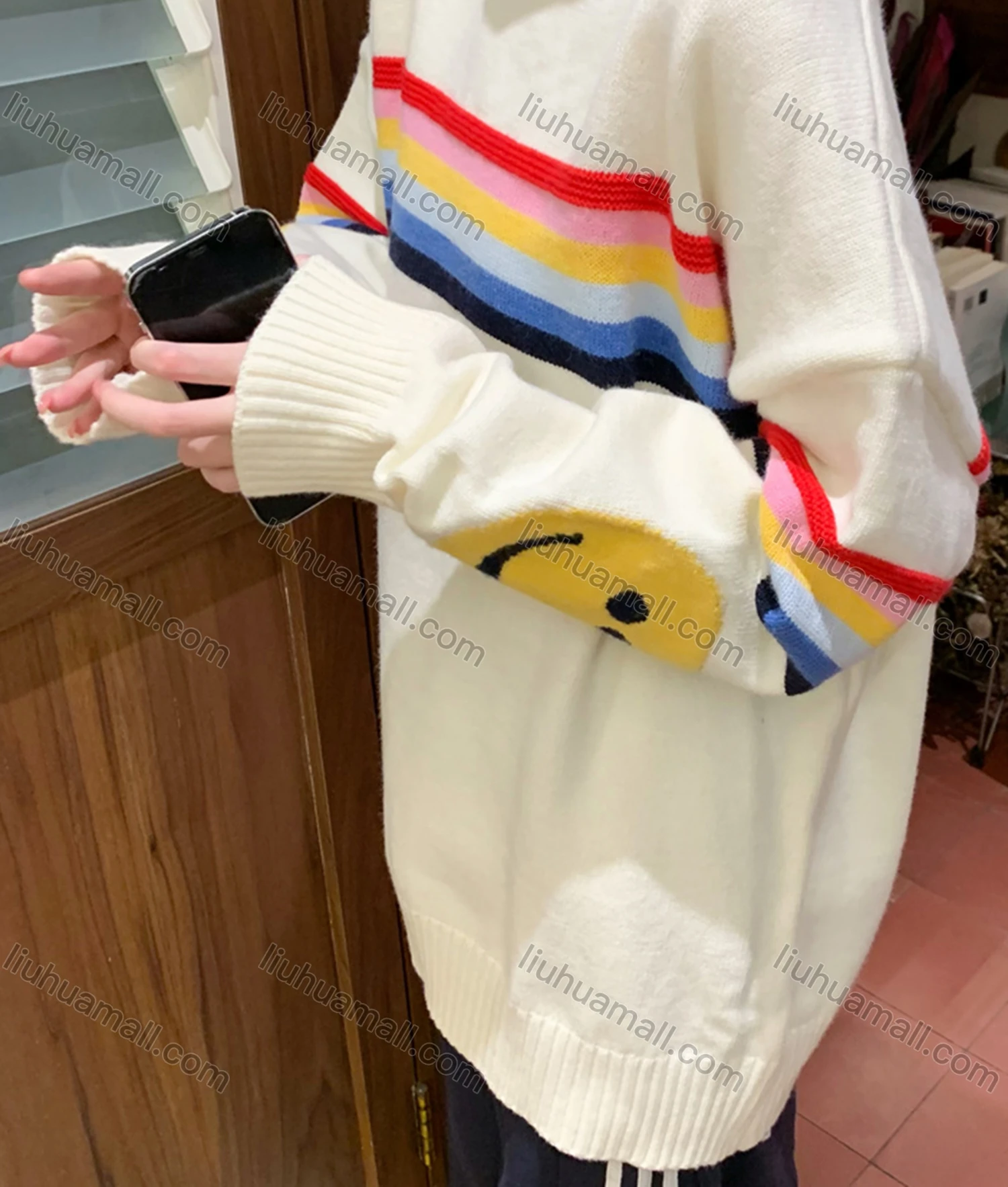 Wholesale Women's Casual Crew Neck Rainbow Print Knit Sweater 8132# - Liuhuamall
