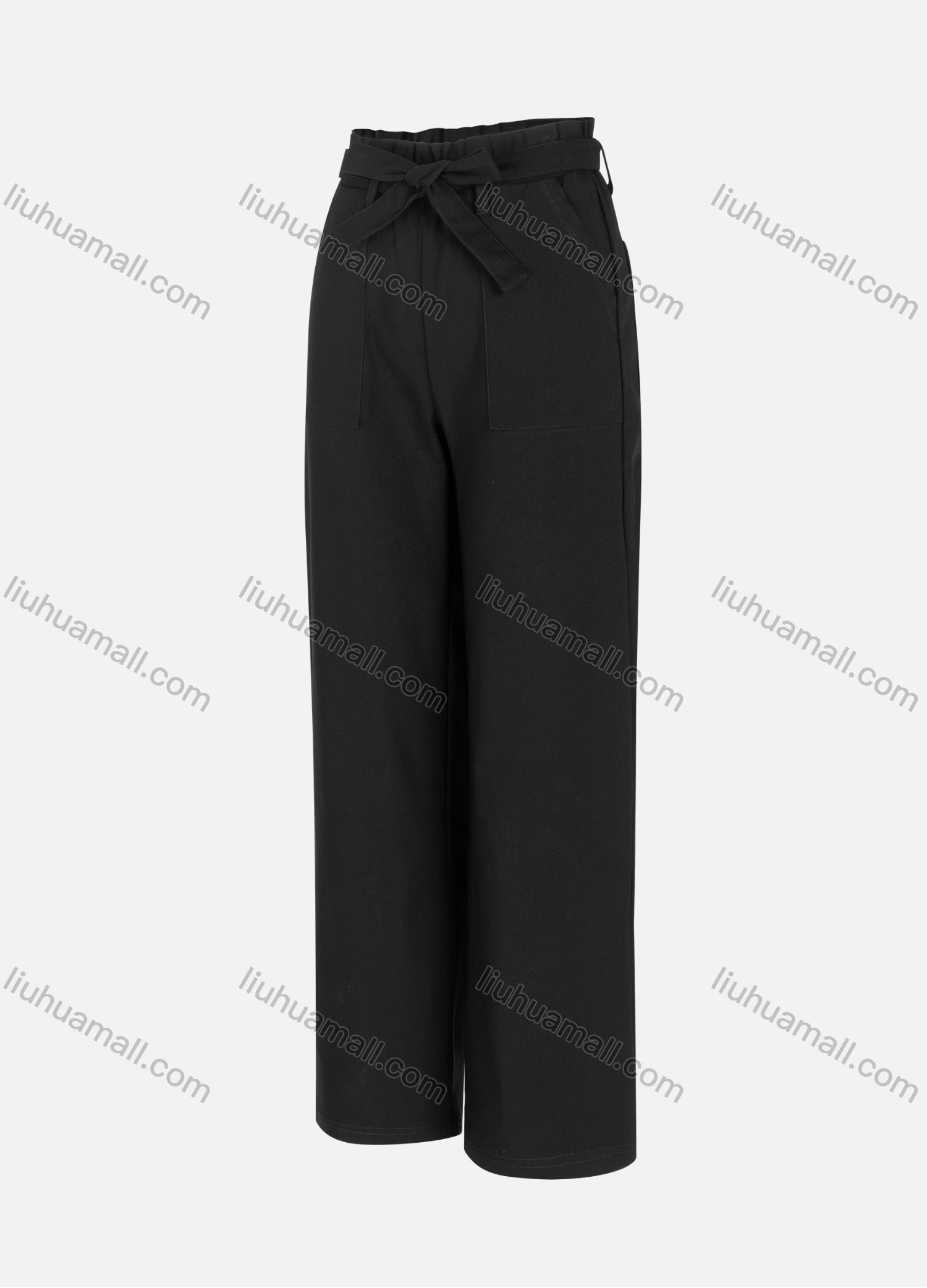 Wholesale Women's Casual Plain High Waist Wide Leg Ankle Length Pants With Belt W-10BK# - Liuhuamall