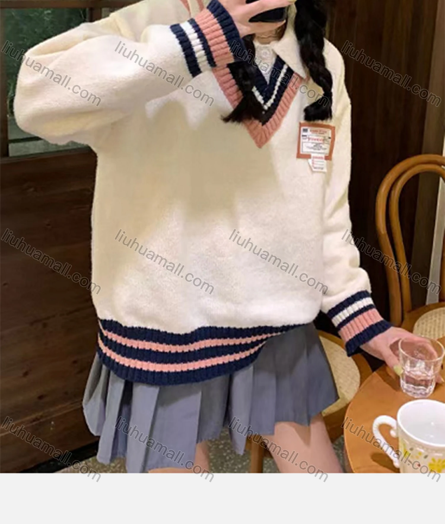 Wholesale Women's Casual Preppy V Neck Colorblock Knit Sweater 8134# - Liuhuamall