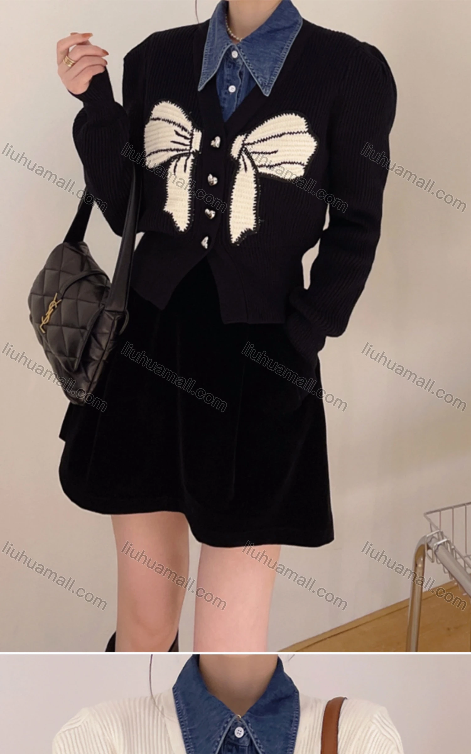Wholesale Women's Casual Preppy V Neck Bow Knot Print Knit Cardigan 8138# - Liuhuamall