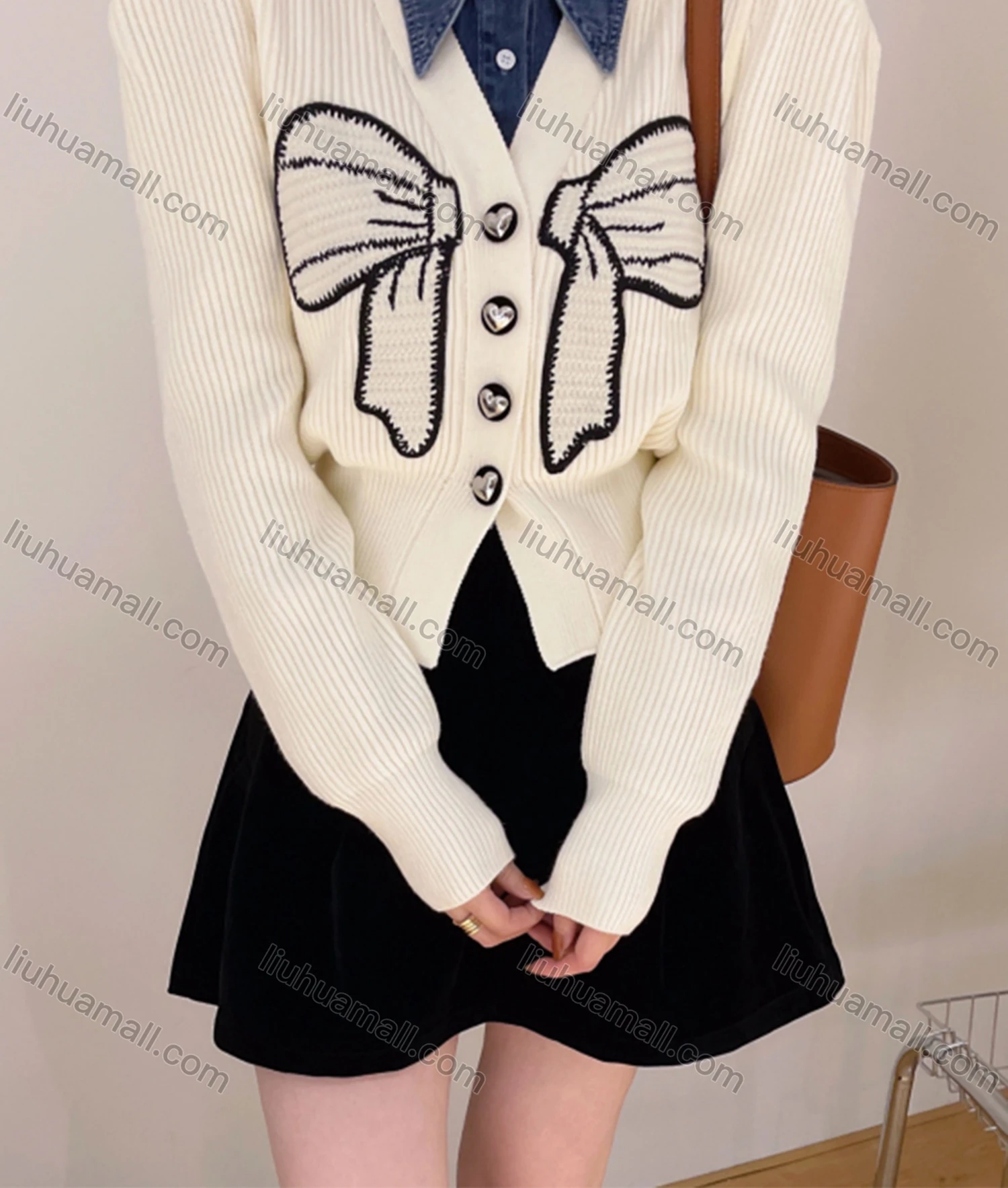 Wholesale Women's Casual Preppy V Neck Bow Knot Print Knit Cardigan 8138# - Liuhuamall