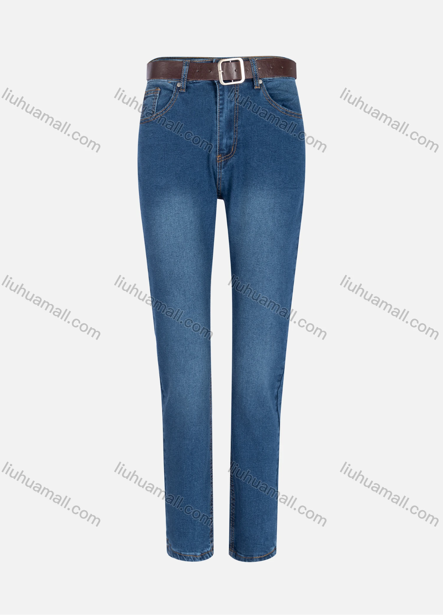 Wholesale Women's Casual Plain Distressed High Waist Straight Leg Ankle Length Slim Fit Jeans With Belt M2-1MB# - Liuhuamall