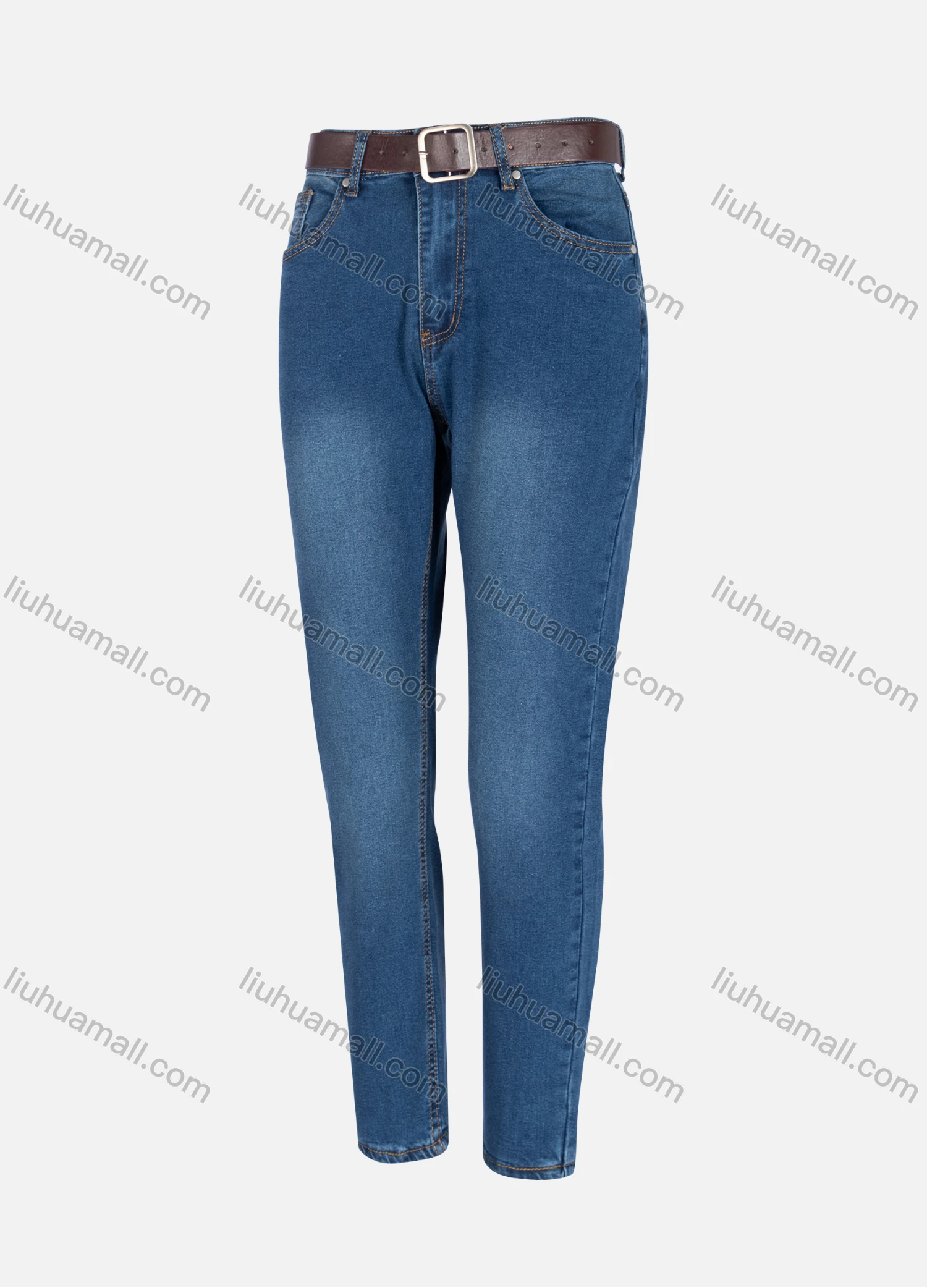 Wholesale Women's Casual Plain Distressed High Waist Straight Leg Ankle Length Slim Fit Jeans With Belt M2-1MB# - Liuhuamall