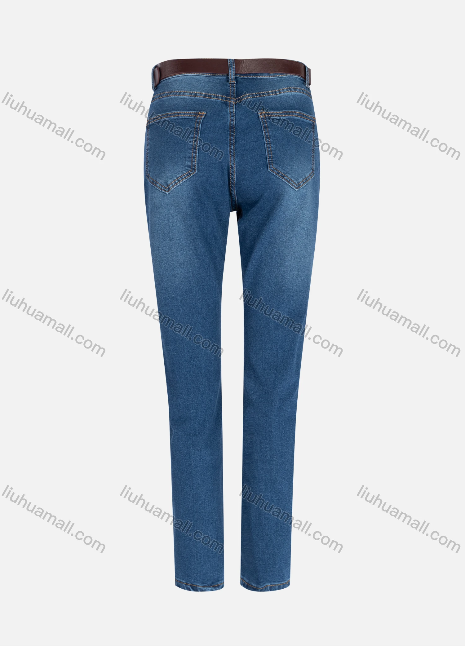Wholesale Women's Casual Plain Distressed High Waist Straight Leg Ankle Length Slim Fit Jeans With Belt M2-1MB# - Liuhuamall