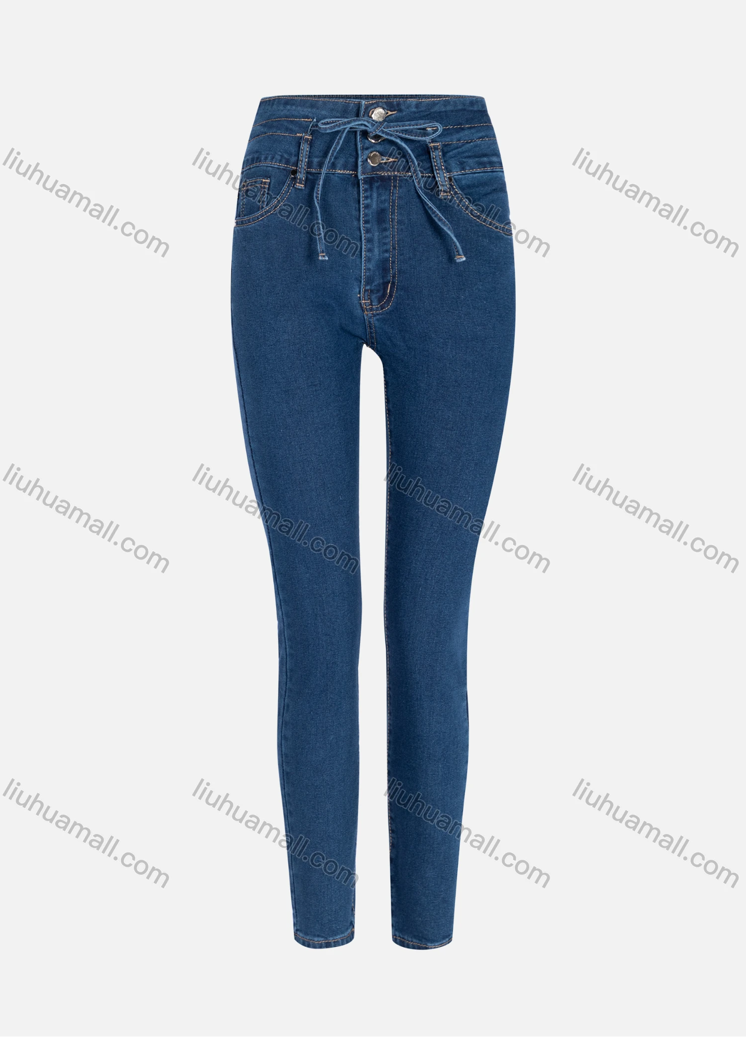 Wholesale Women's Casual Plain High Waist Drawstring Straight Leg Ankle Length Skinny Fit Jeans MJ-44MB# - Liuhuamall