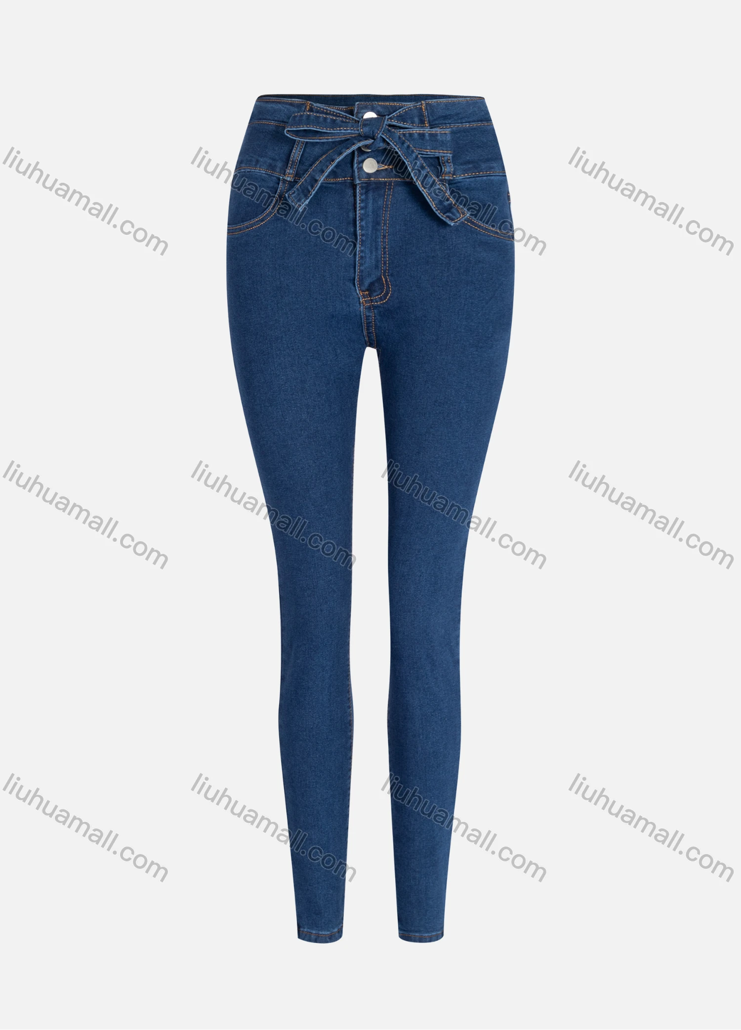 Wholesale Women's Casual Plain High Waist Tie Front Straight Leg Ankle Length Skinny Fit Jeans WZ-4MB# - Liuhuamall