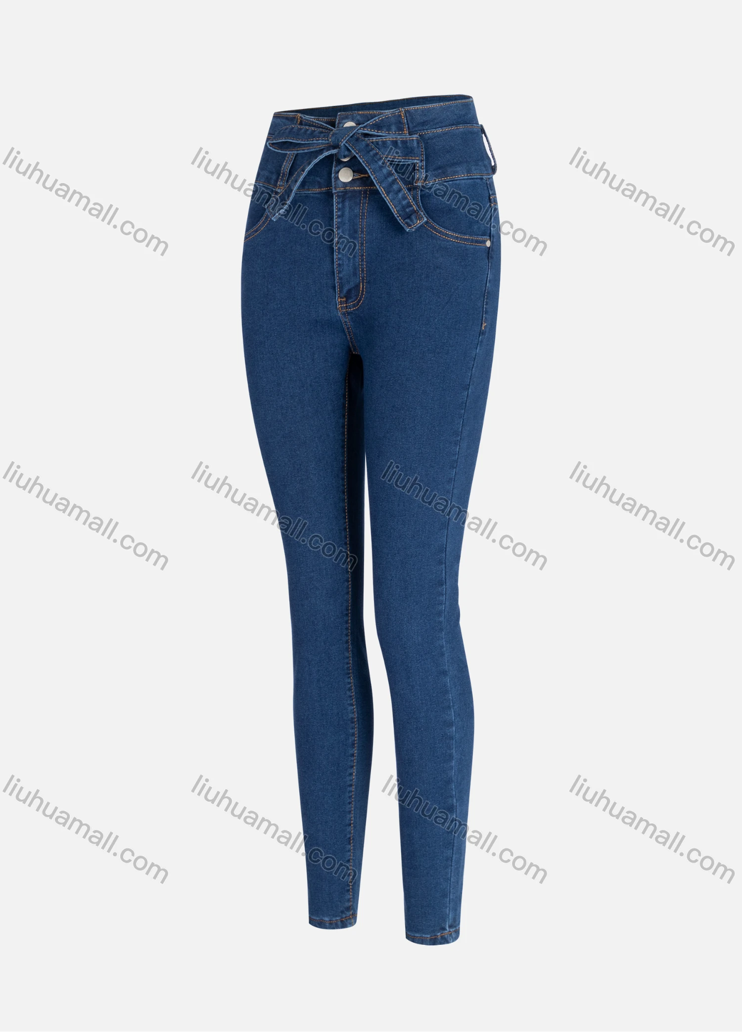Wholesale Women's Casual Plain High Waist Tie Front Straight Leg Ankle Length Skinny Fit Jeans WZ-4MB# - Liuhuamall